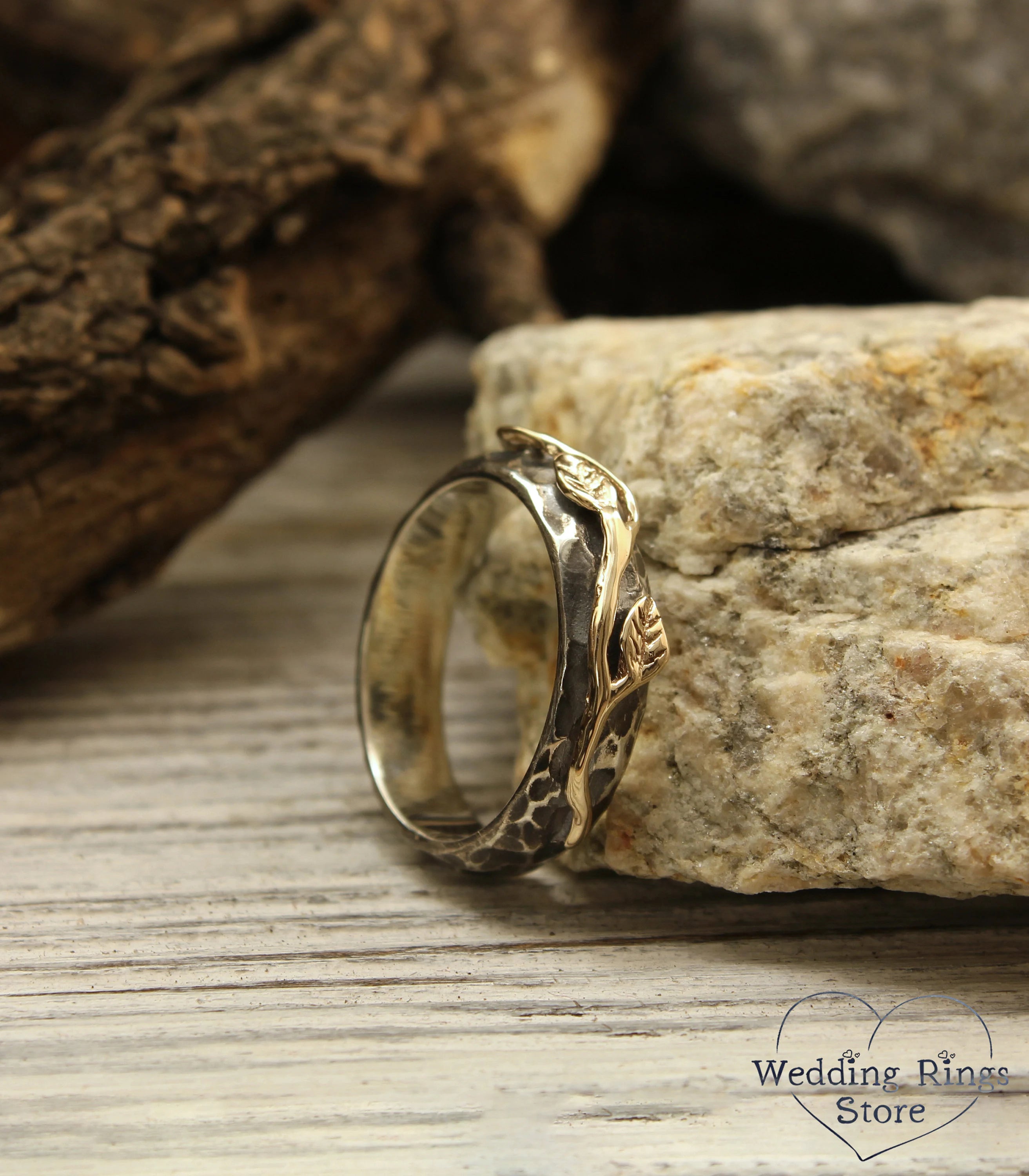 Gold Leaves Hammered Silver Wedding Ring