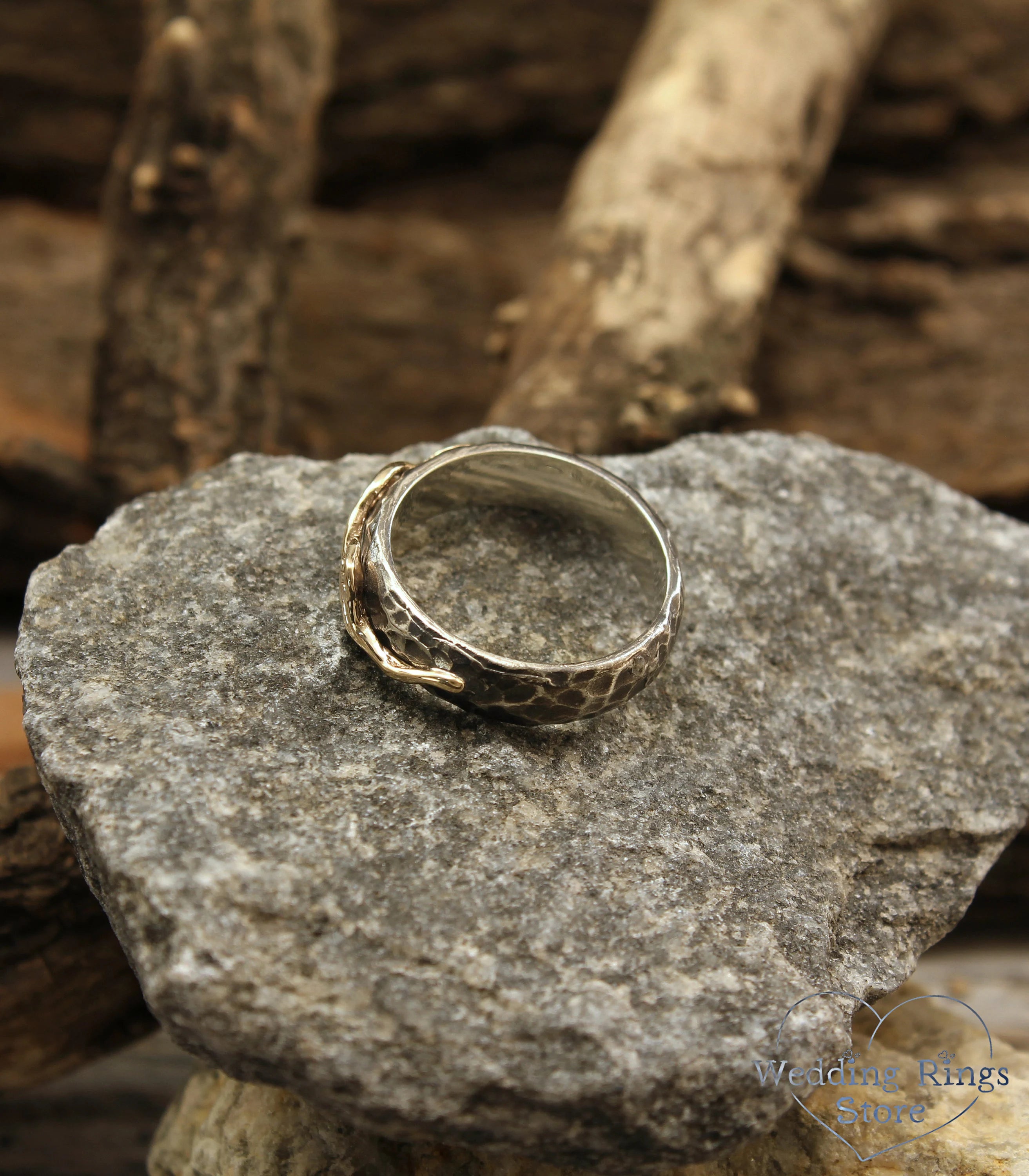 Gold Leaves Hammered Silver Wedding Ring