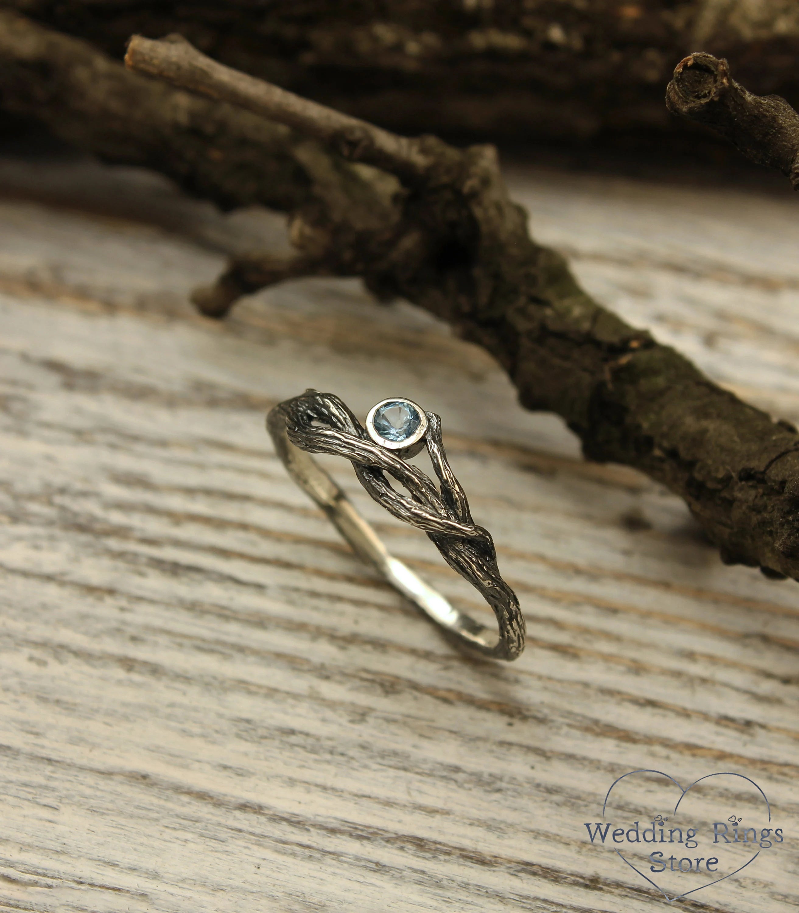 Delicate Silver Twisted Branch Topaz Engagement Ring