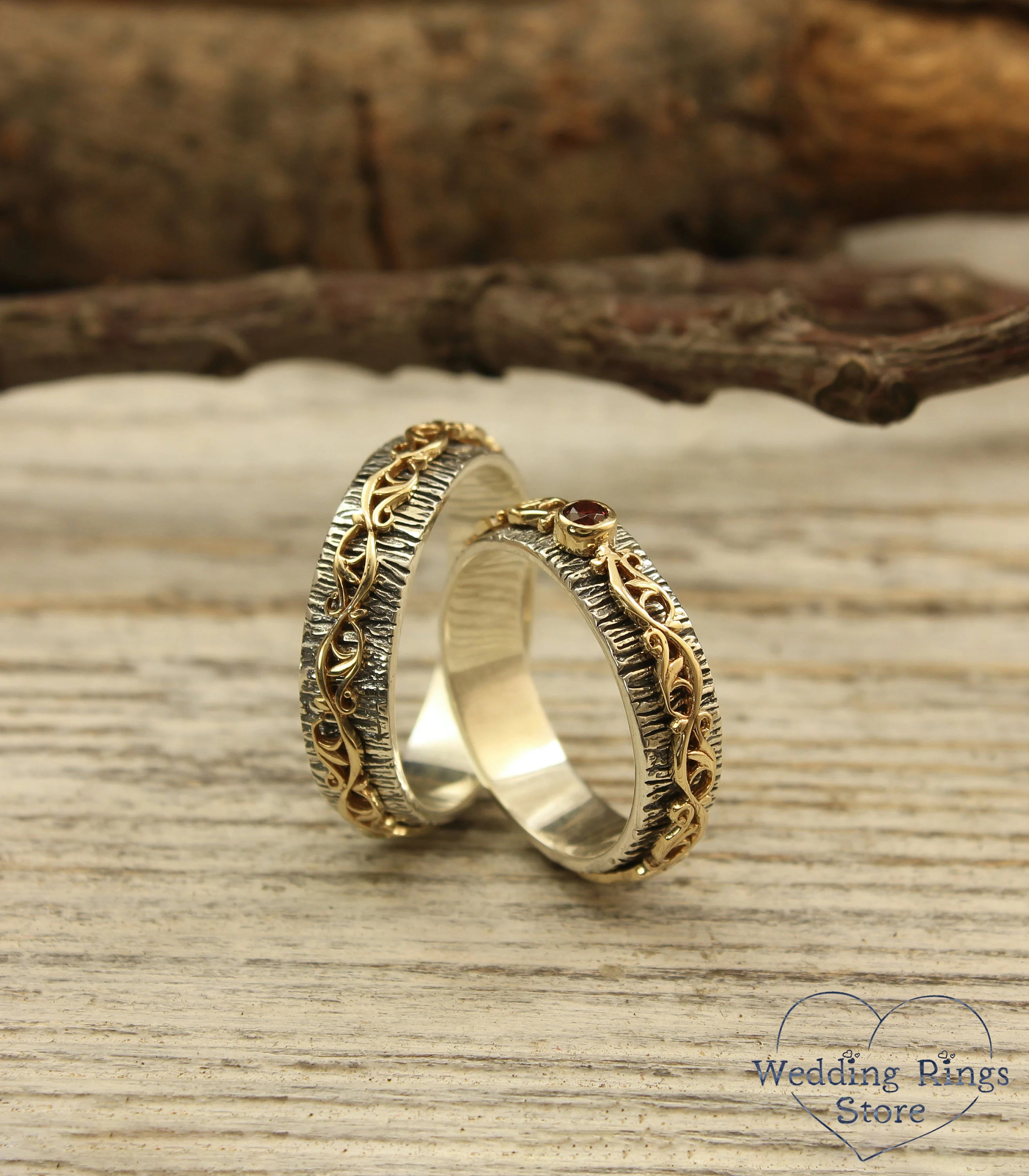 Gold Vine on Silver Woodbark Couple Wedding Bands Set