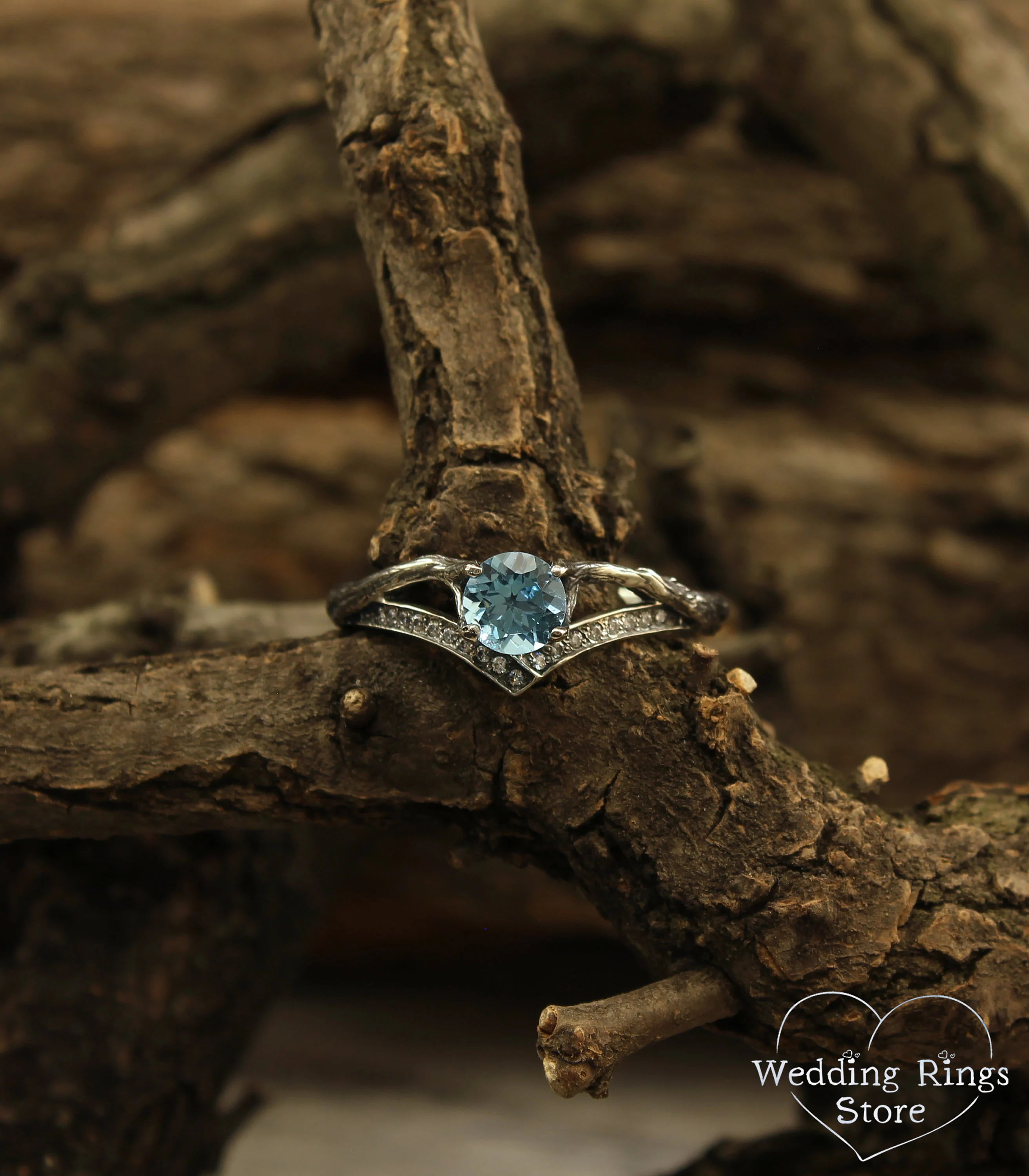 Delicate Chevron Branch Engagement Ring with Topaz