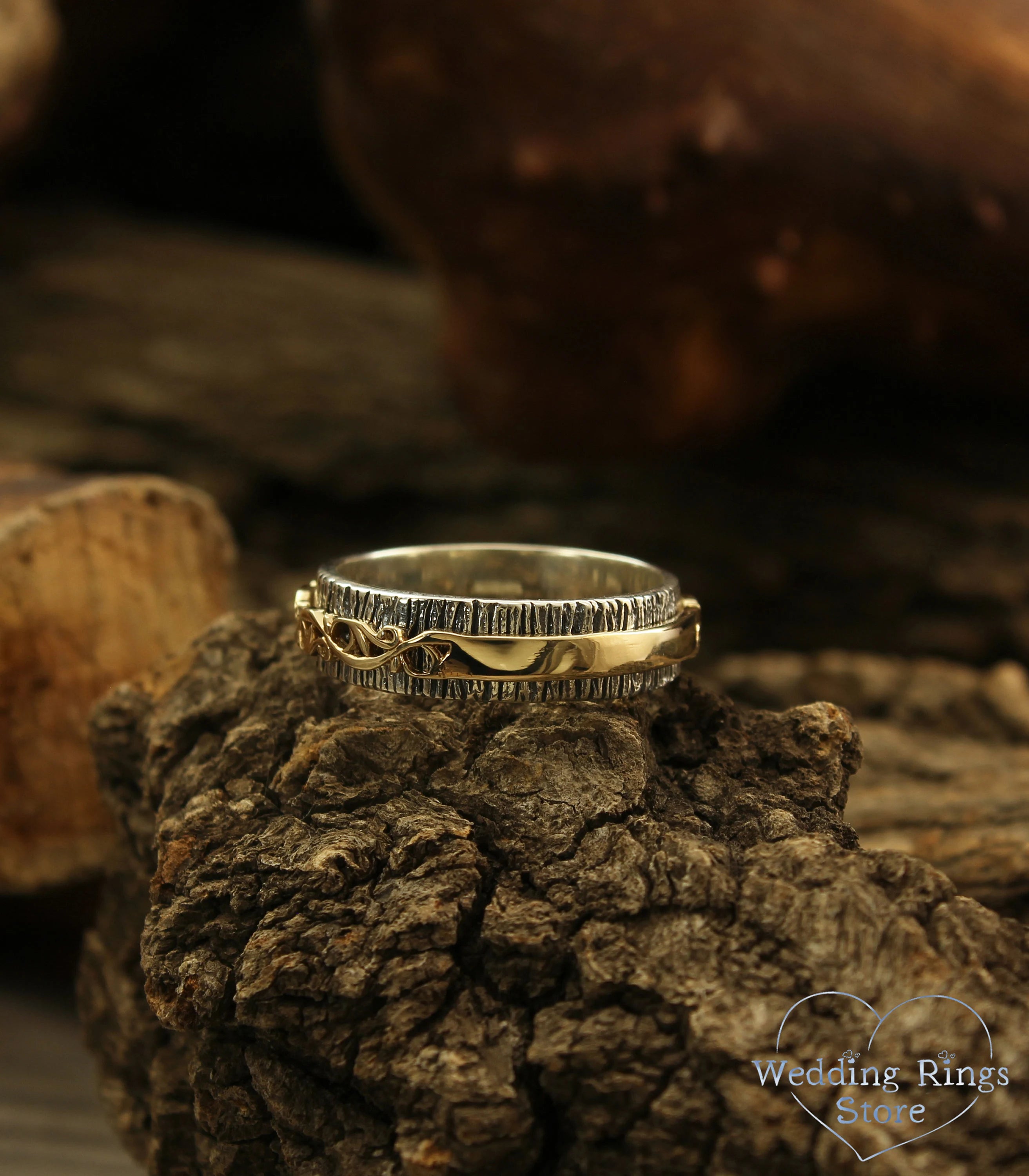 Vintage Gold Plant pattern on a Silver Tree Wedding Band