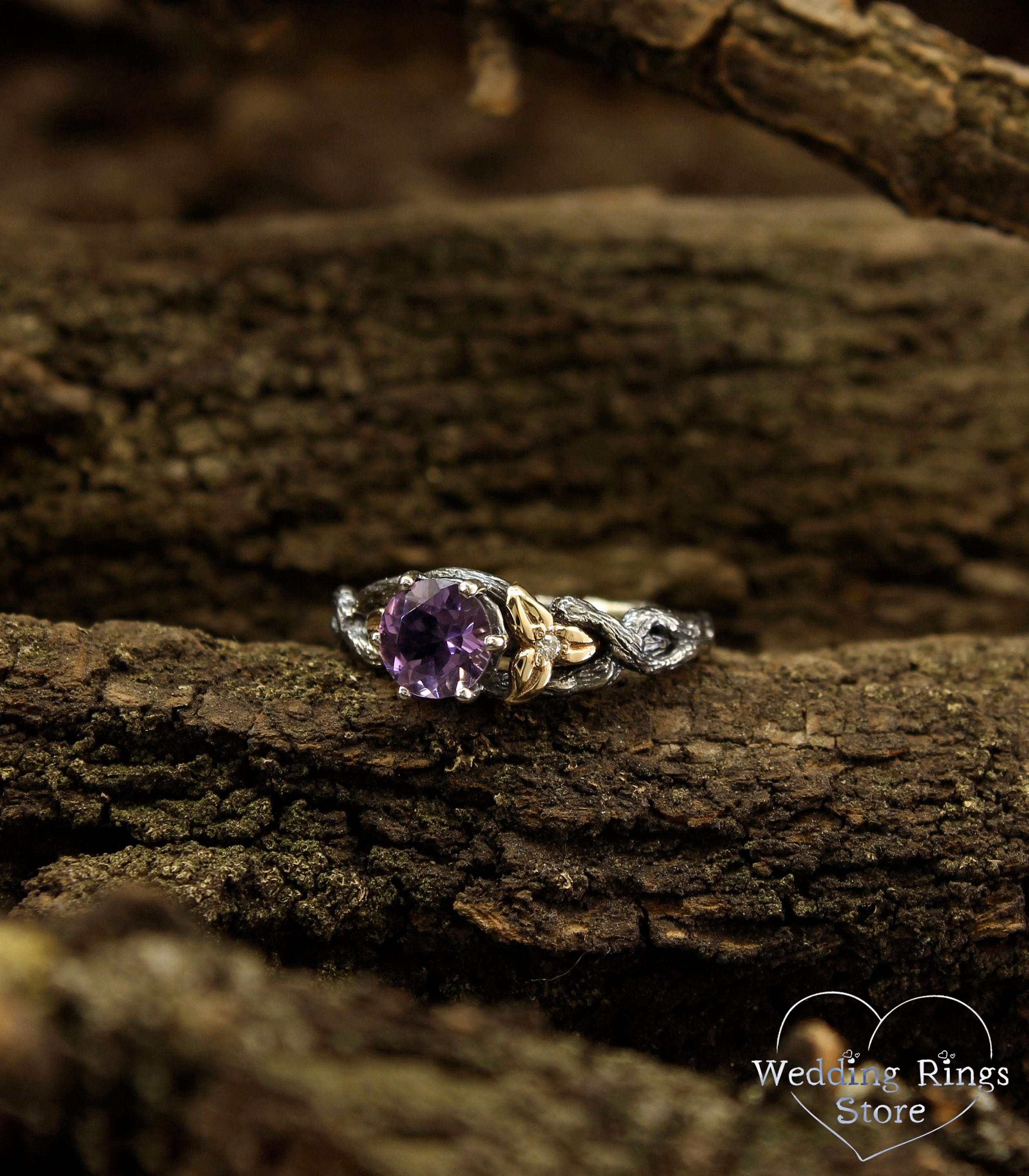 Gorgeous Twig and Leaves Engagement Ring with Amethyst in Mixed Metals