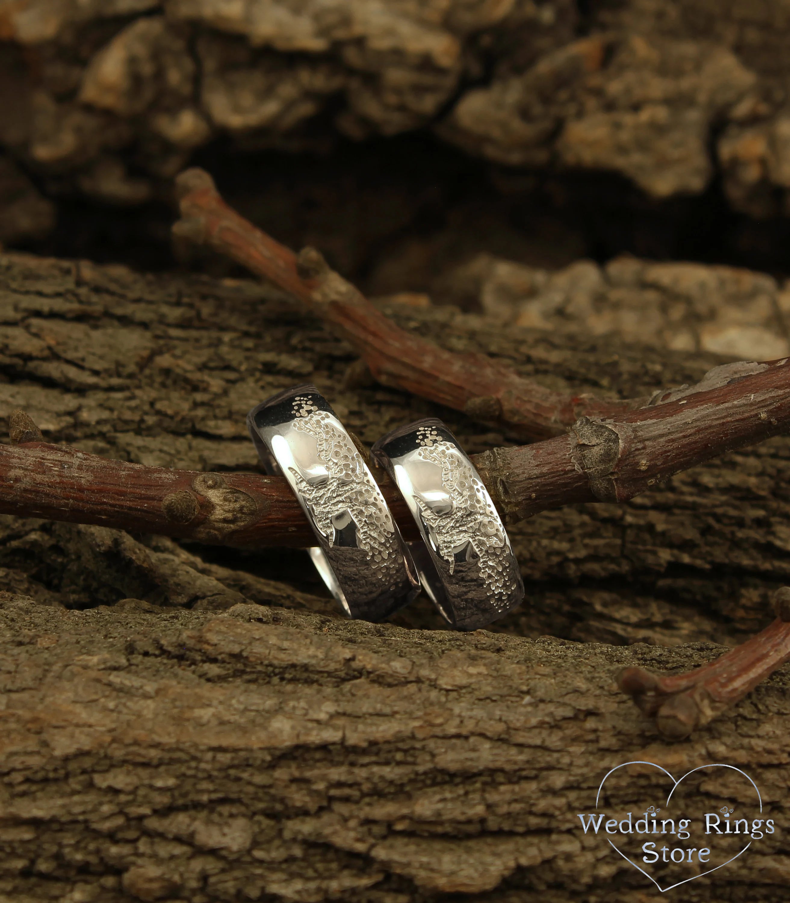 Family Tree Unique Silver Couple Wedding Bands Set