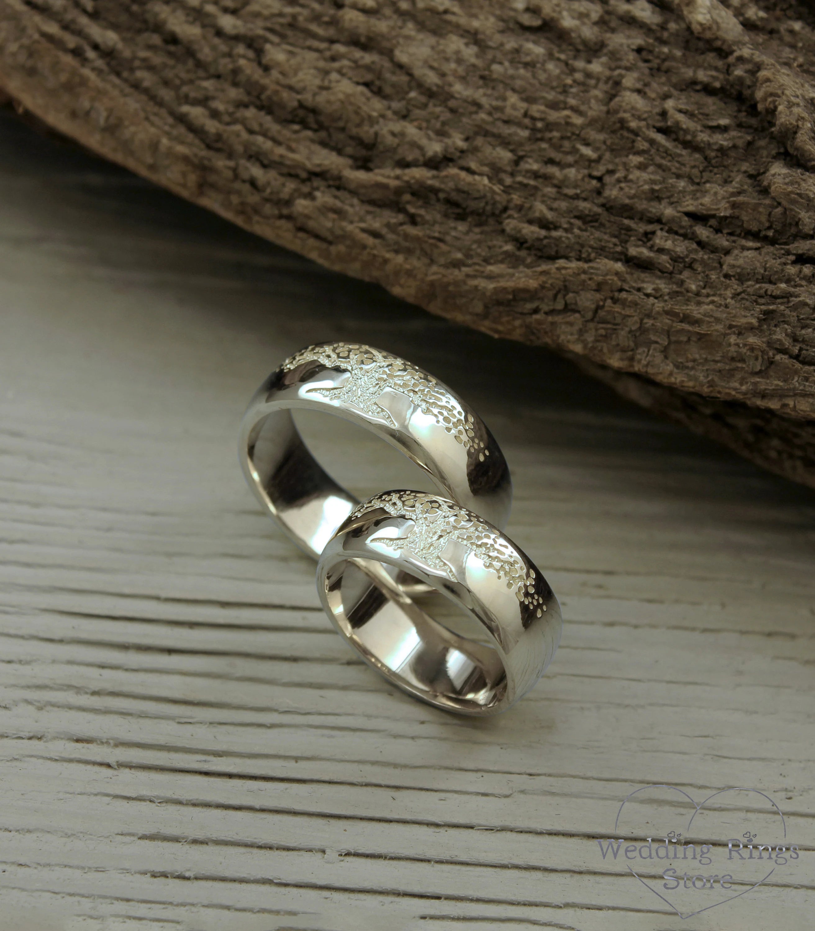 Family Tree Unique Silver Couple Wedding Bands Set