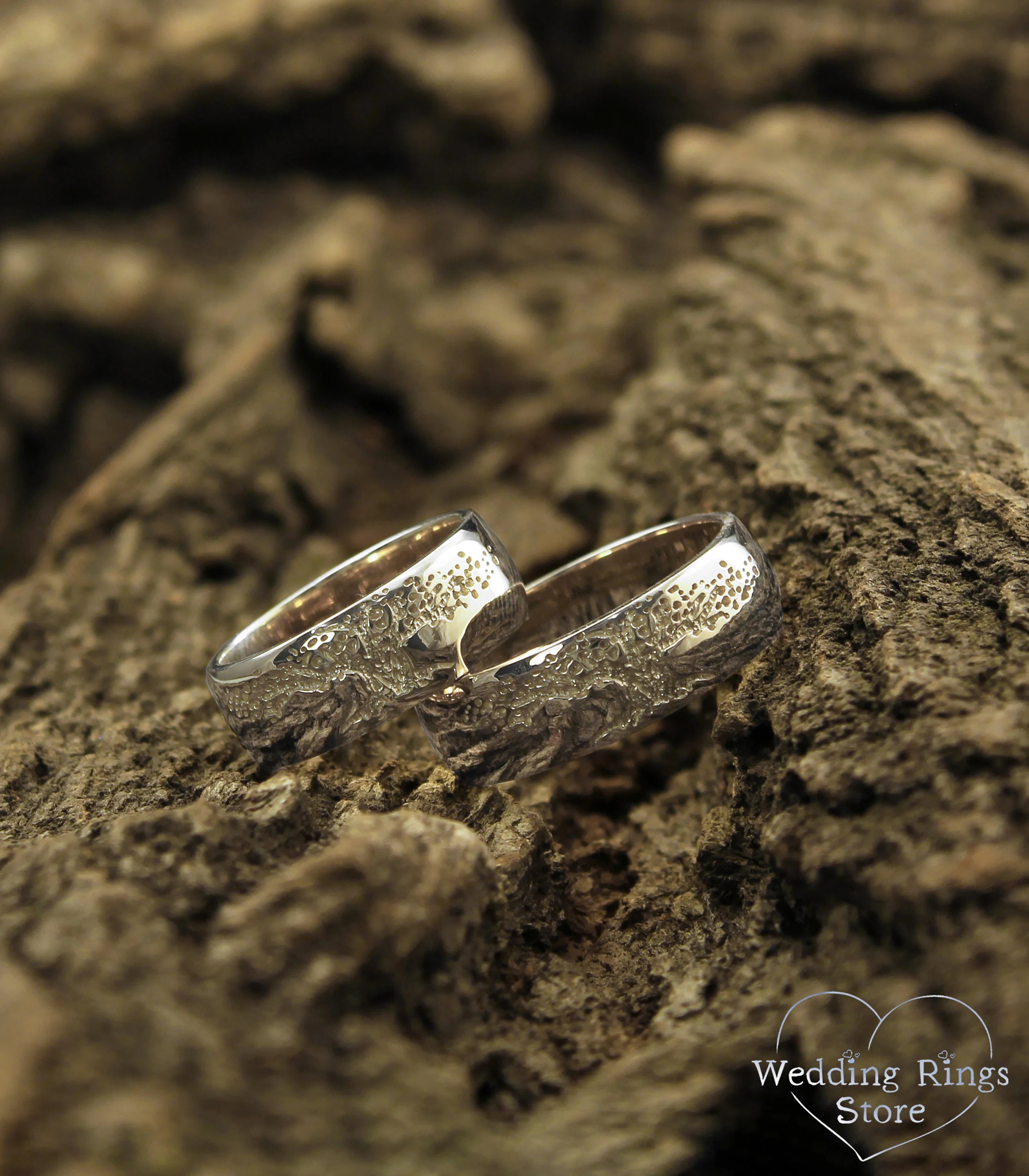 Family Tree Unique Silver Couple Wedding Bands Set