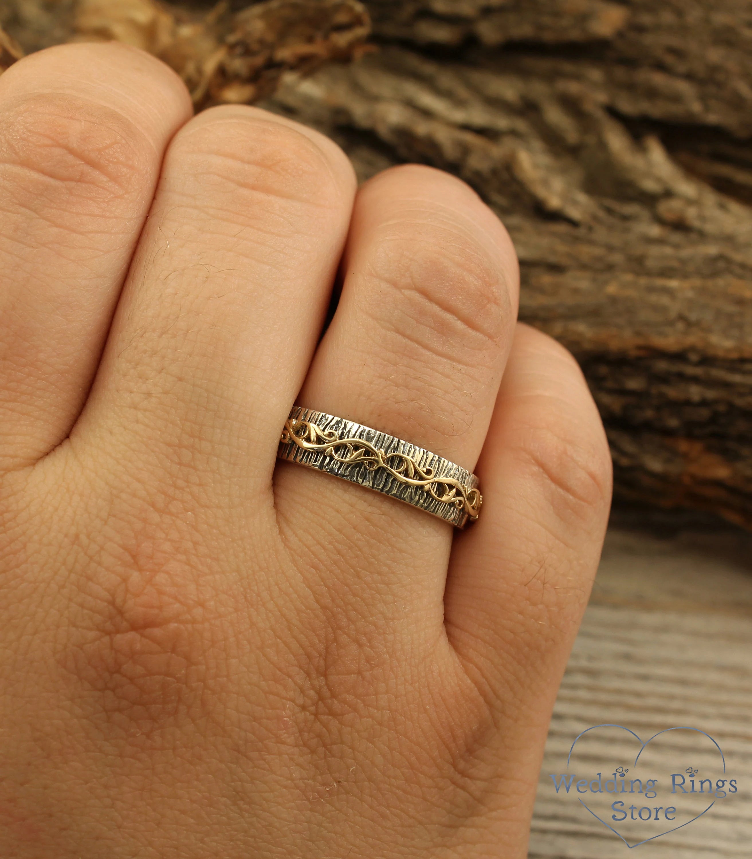 Vintage Gold Plant pattern on a Silver Tree Wedding Band