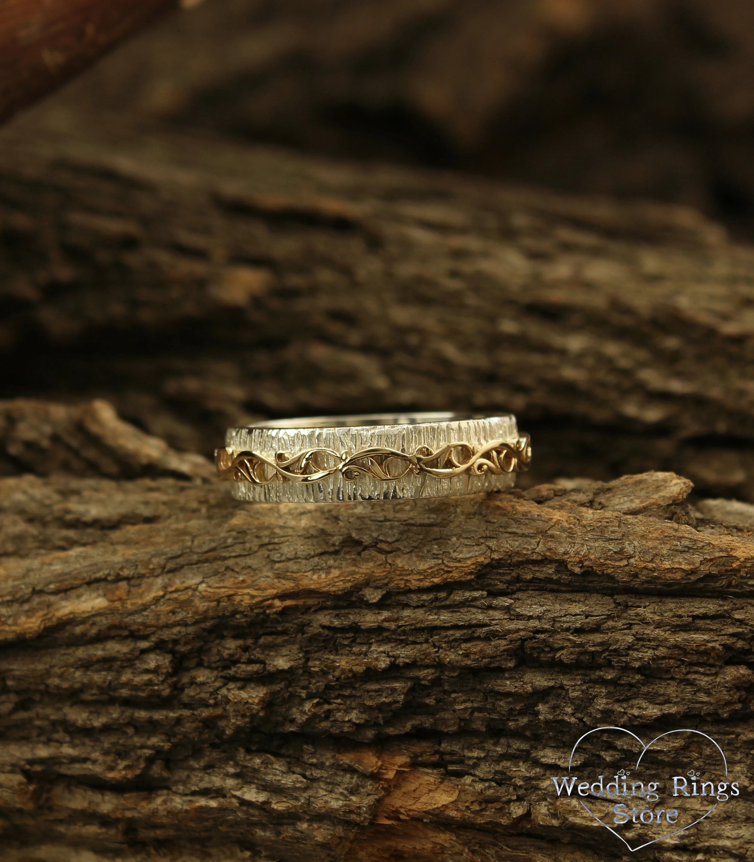 Vintage Gold Plant pattern on a Silver Tree Wedding Band