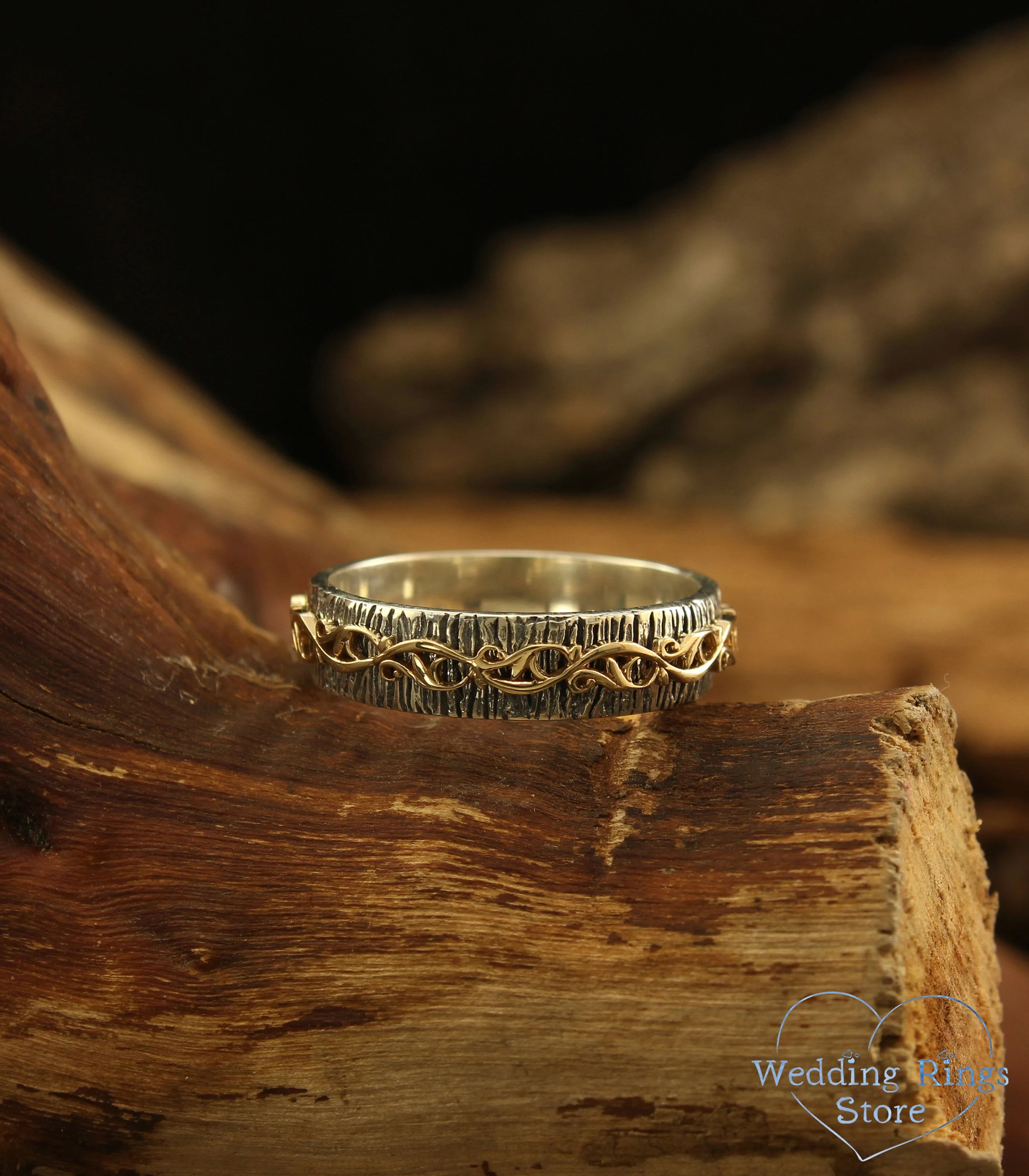 Vintage Gold Plant pattern on a Silver Tree Wedding Band