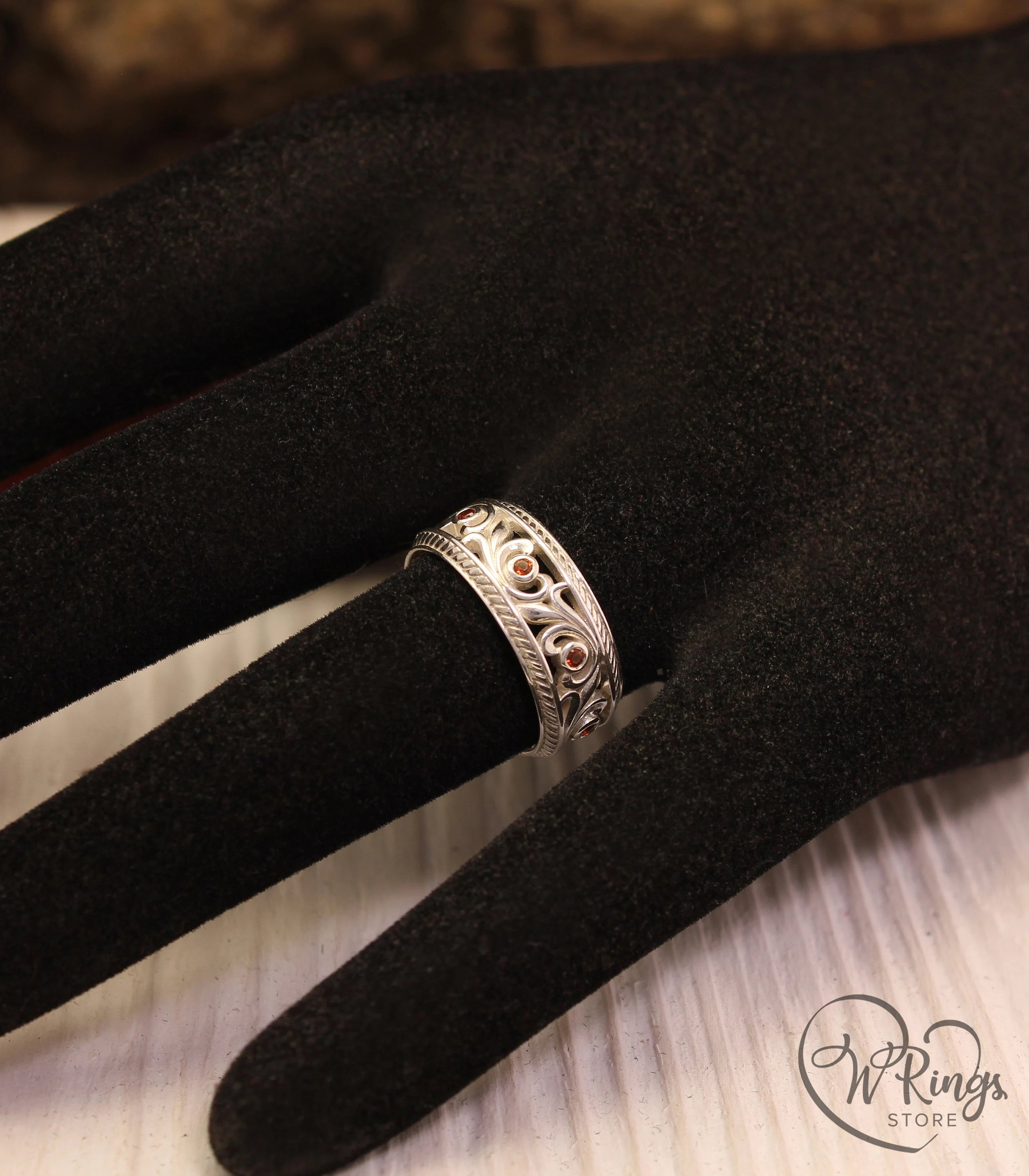 Garnet & Vine Vintage Wedding Ring with Filigree