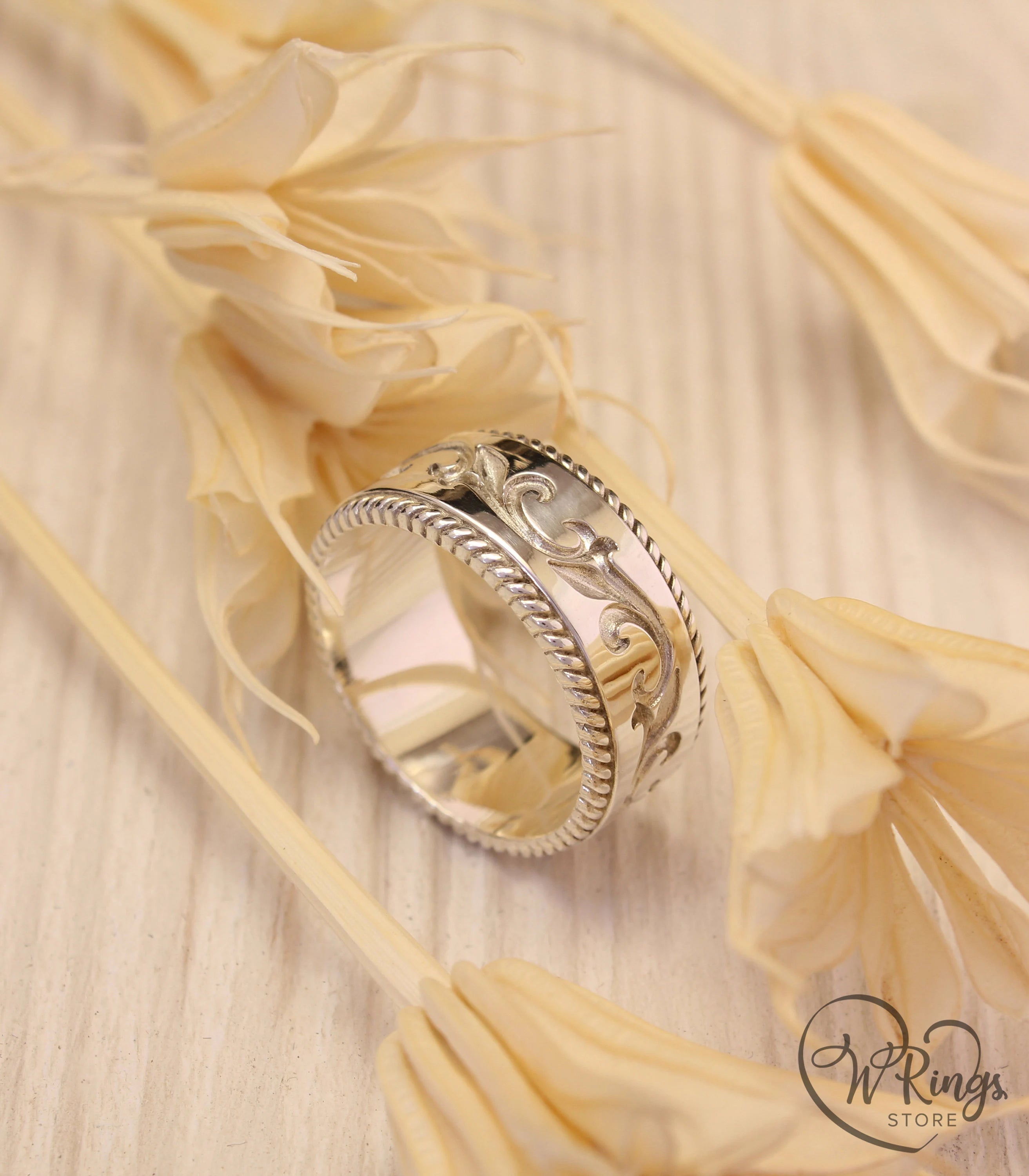 Wide Silver Filigree Wedding Band Vine in Antique style