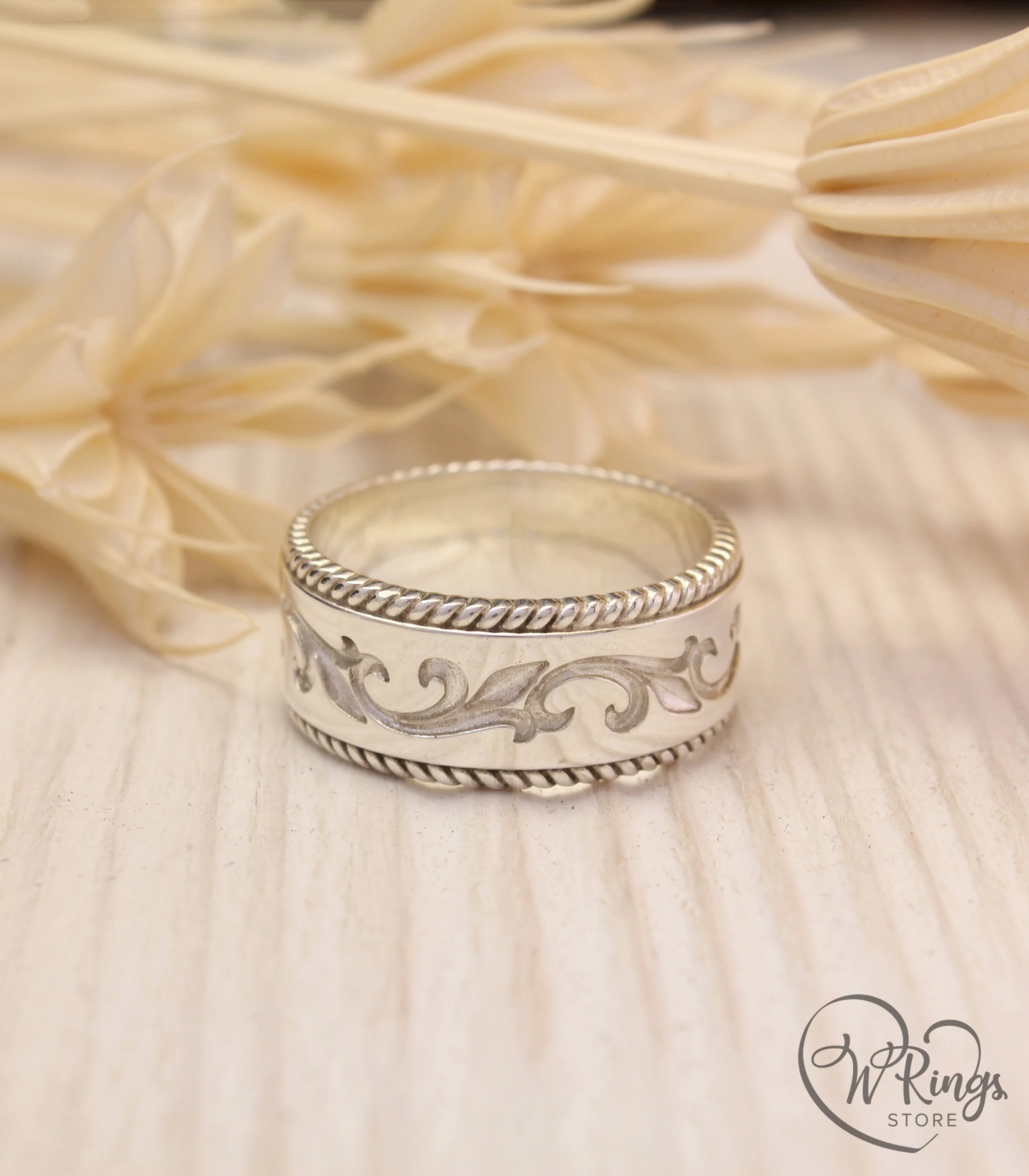 Wide Silver Filigree Wedding Band Vine in Antique style