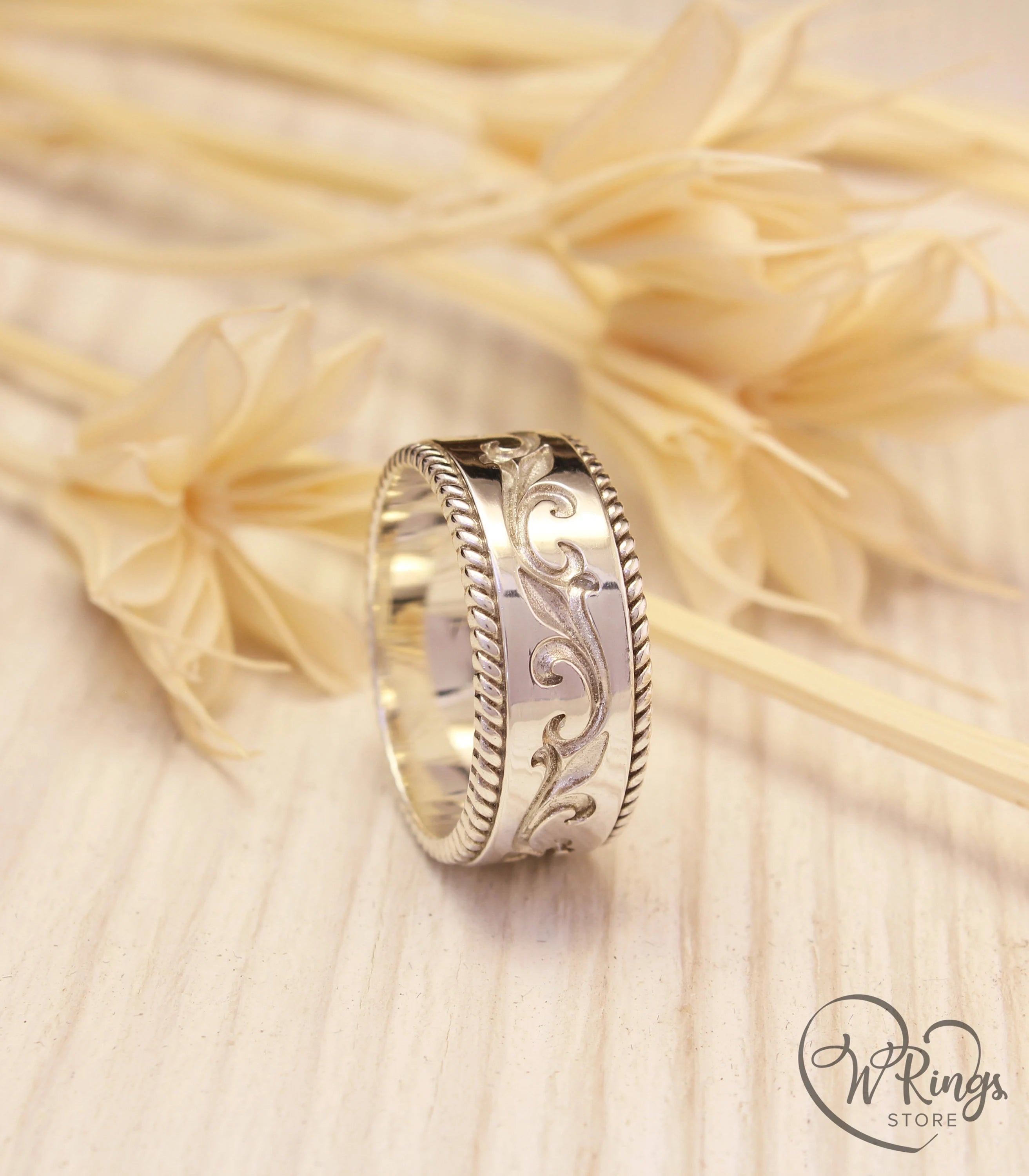 Wide Silver Filigree Wedding Band Vine in Antique style