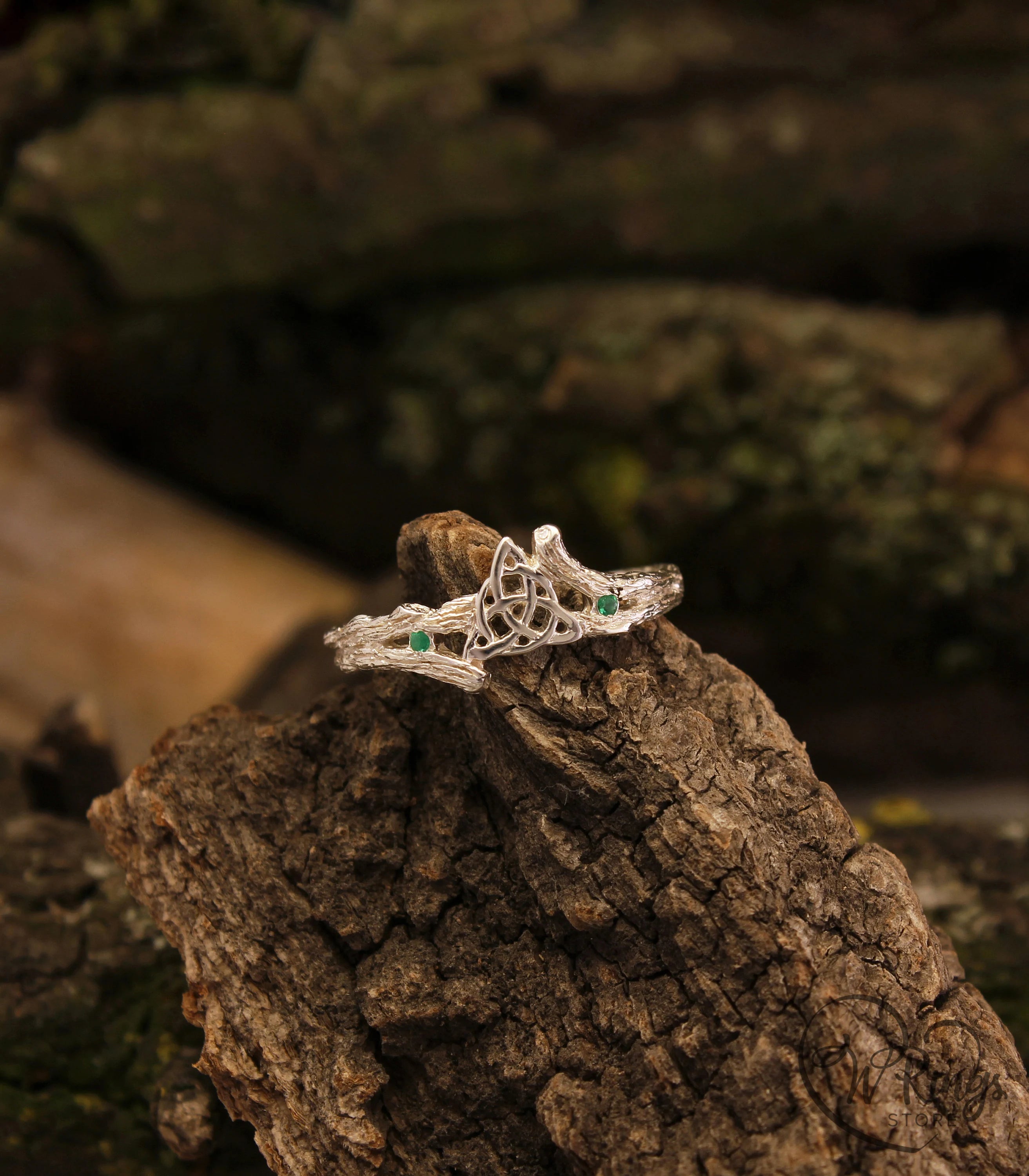 Celtic Triquetra & Emerald Silver Tiny Branch Ring