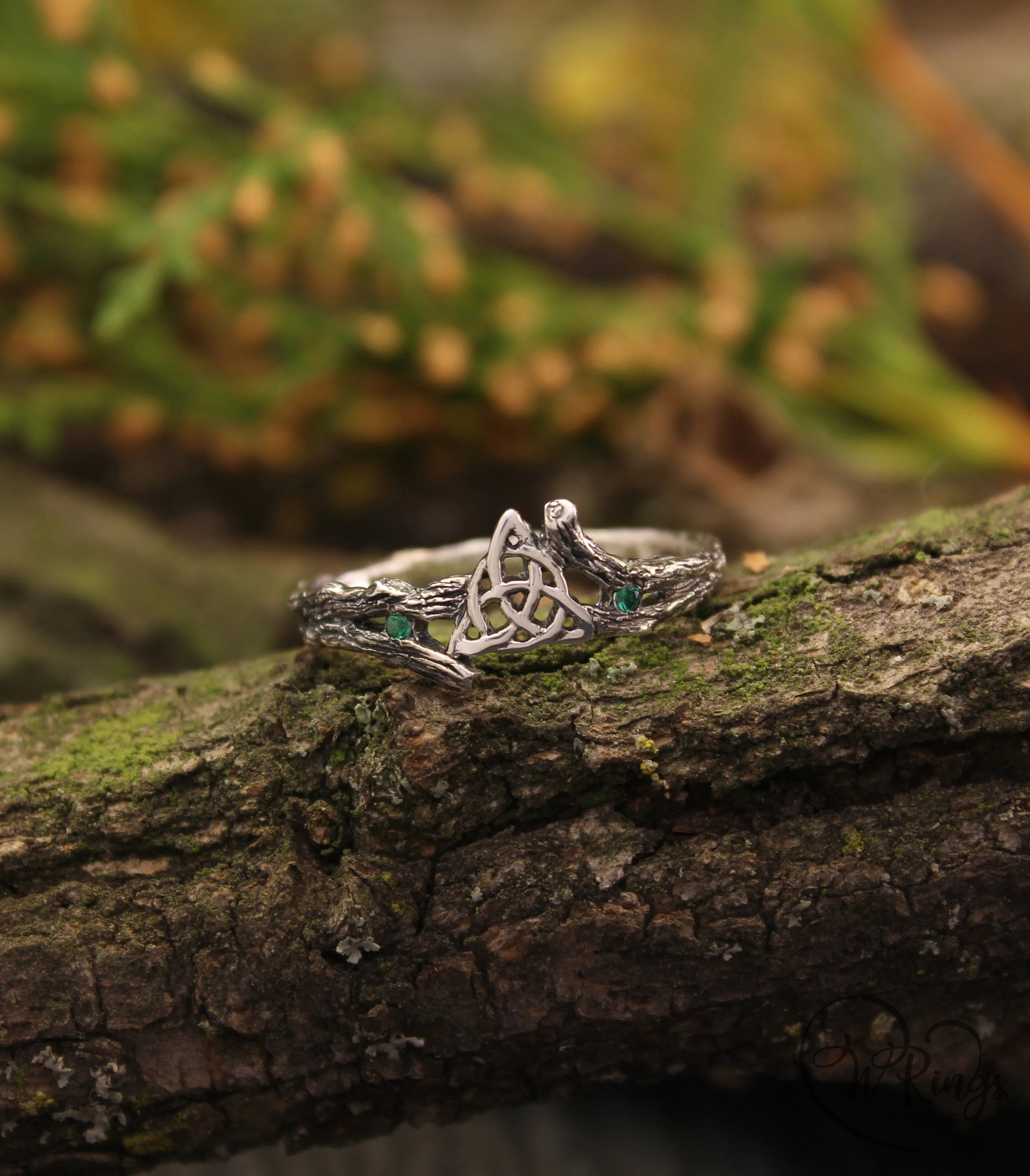 Celtic Triquetra & Emerald Silver Tiny Branch Ring