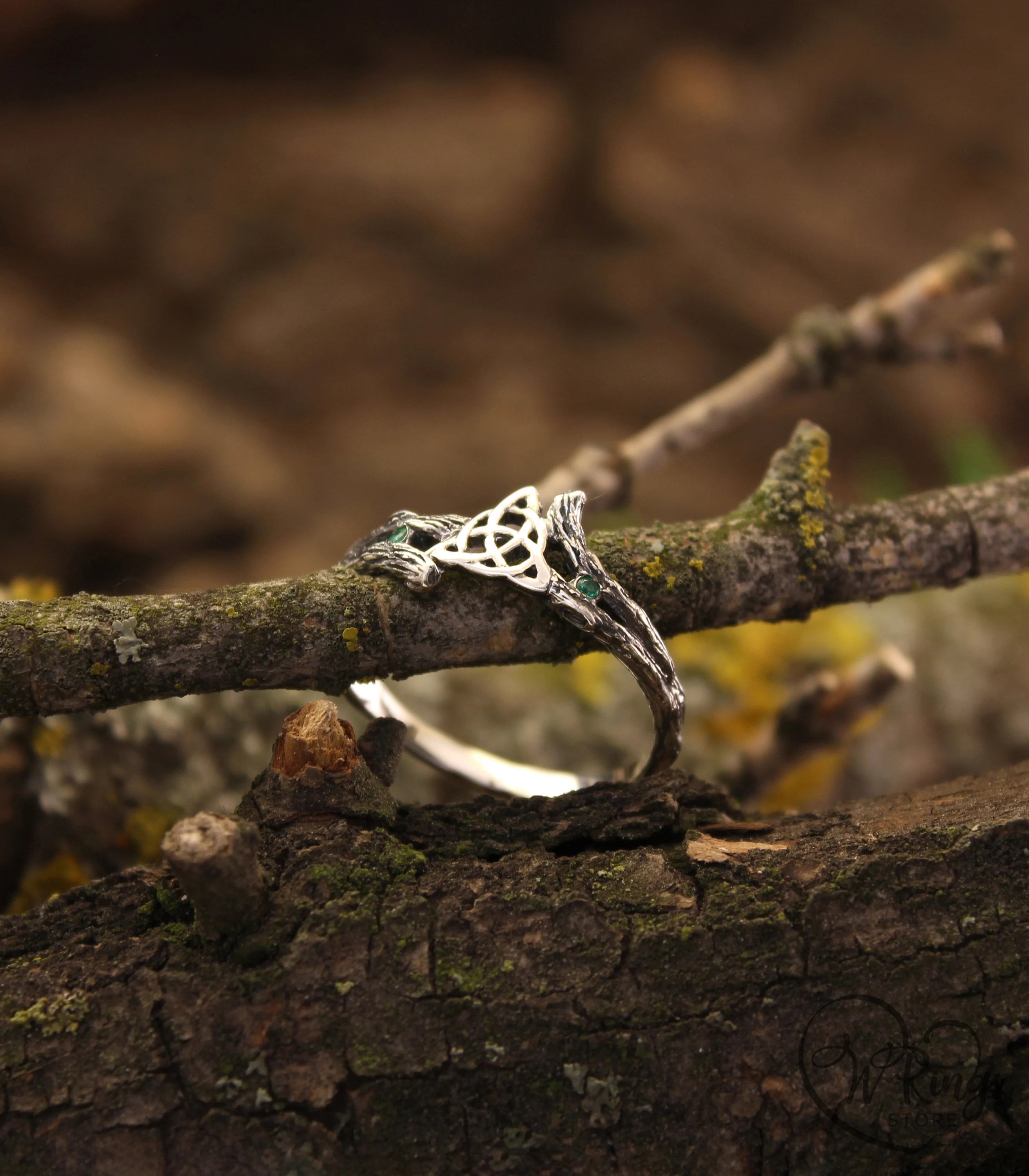 Celtic Triquetra & Emerald Silver Tiny Branch Ring