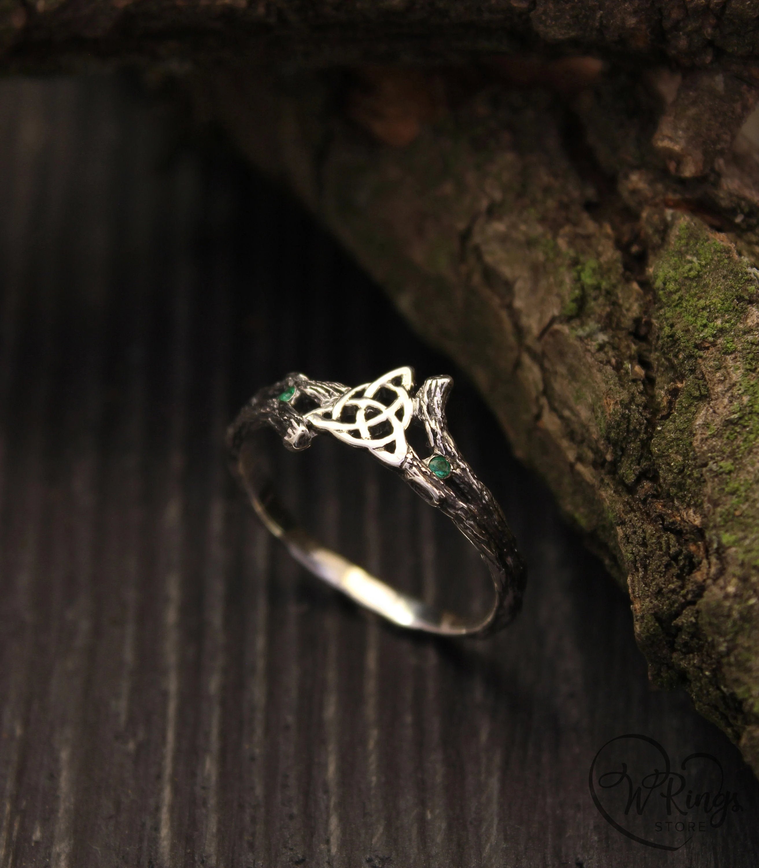 Celtic Triquetra & Emerald Silver Tiny Branch Ring