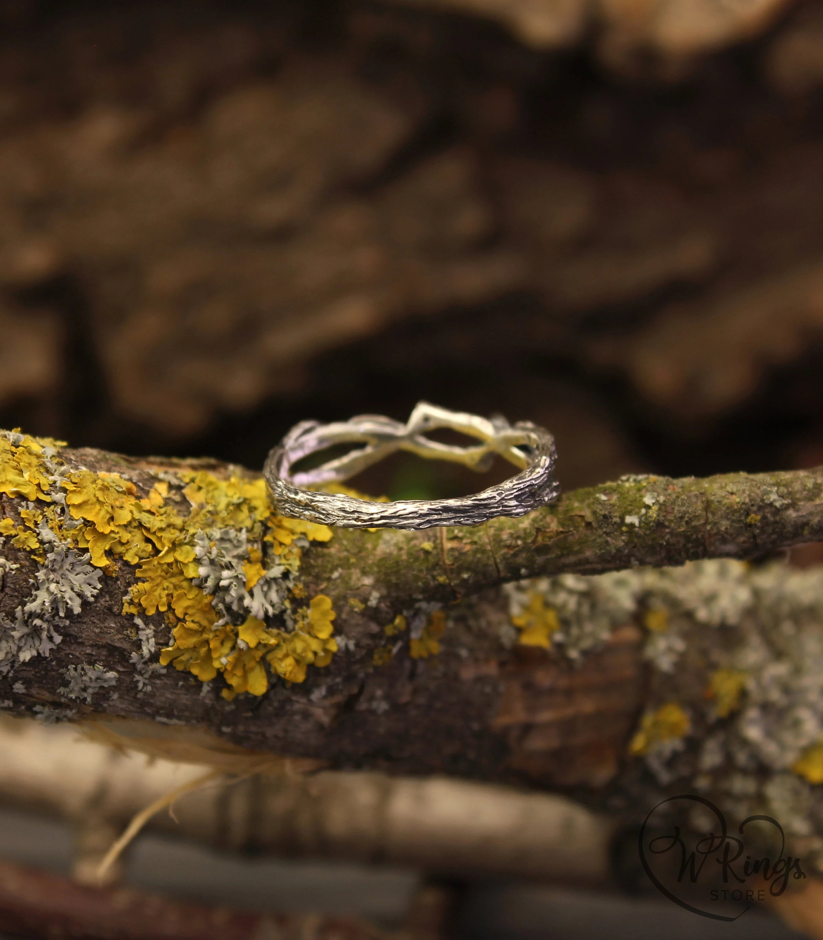 Snail and Leaf on a Branch Silver Ring & two natural Emeralds