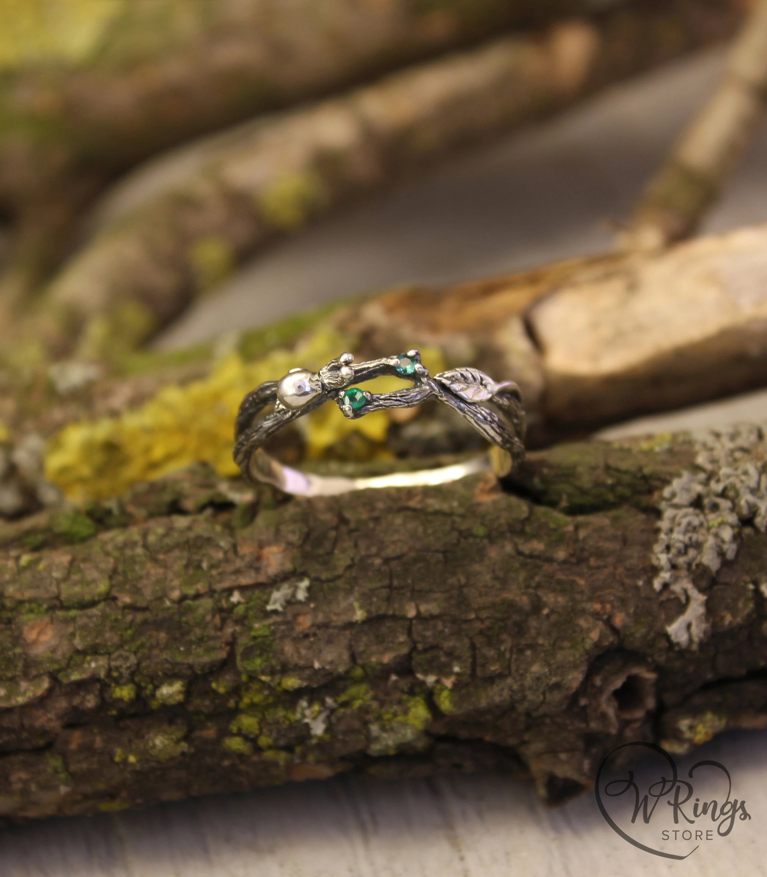 Snail and Leaf on a Branch Silver Ring & two natural Emeralds