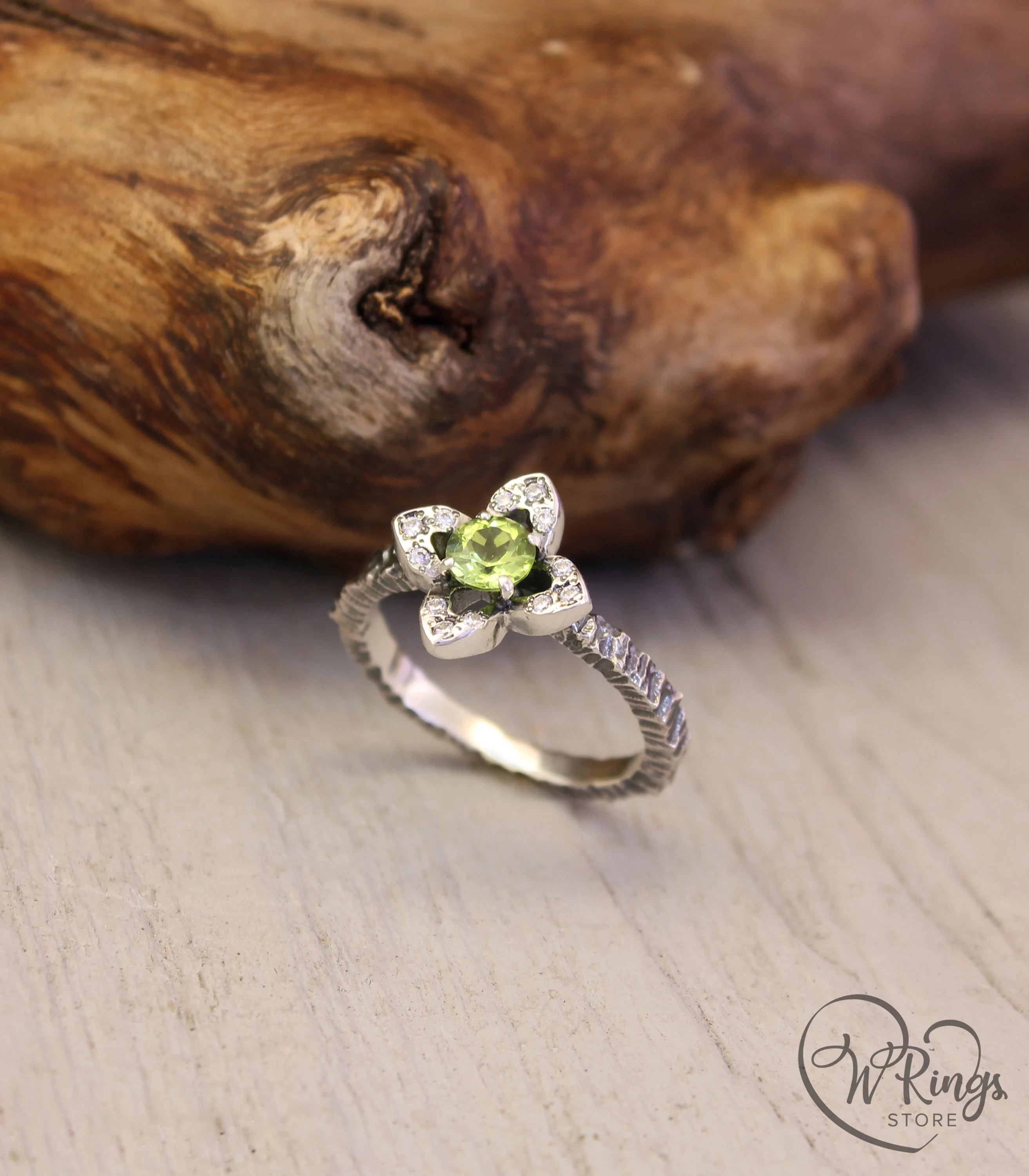 Peridot Flower Engagement Ring Quatrefoil Hammered Band