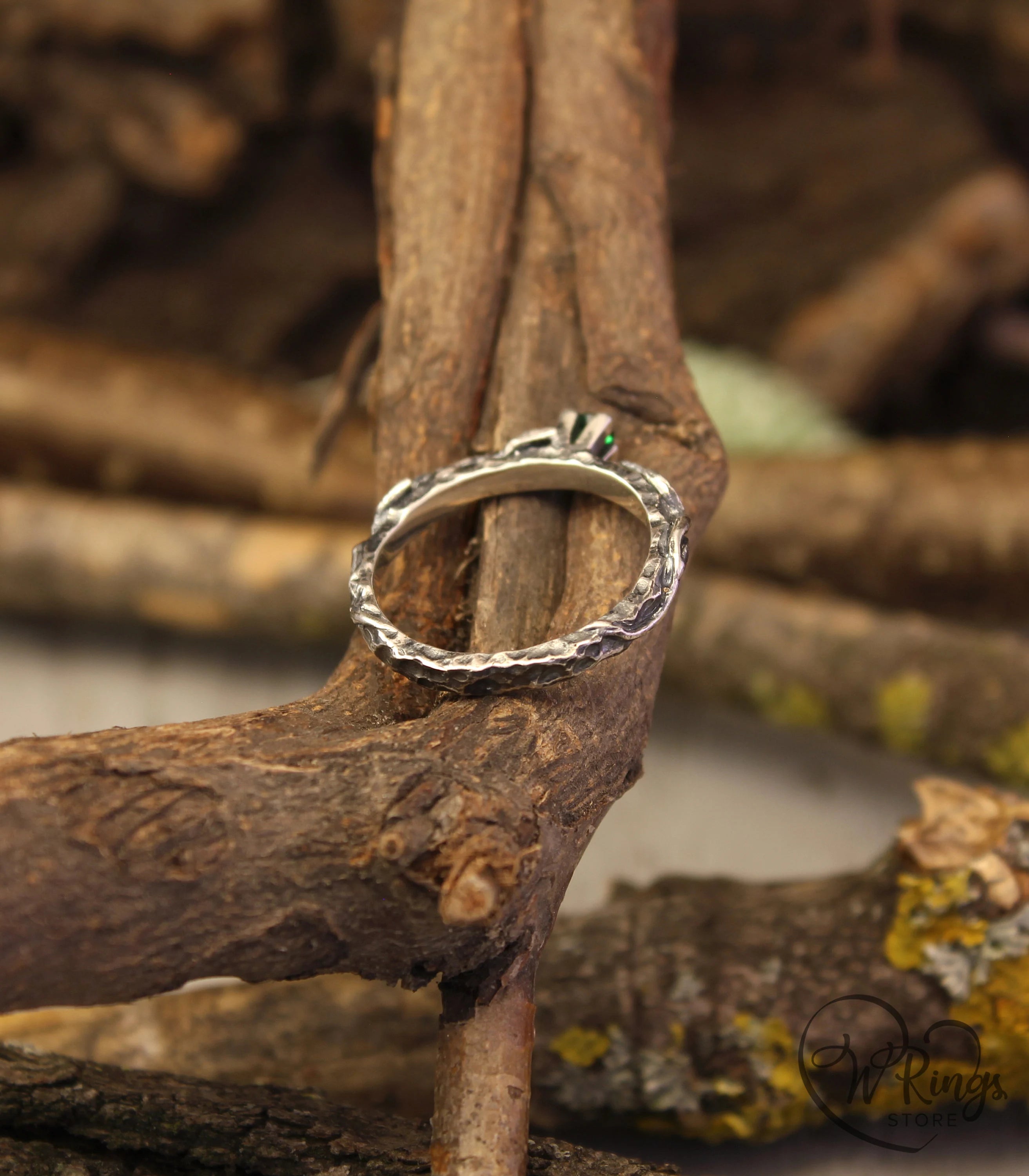 Wild Nature Hammered Silver Ring with Emerald and Leaves