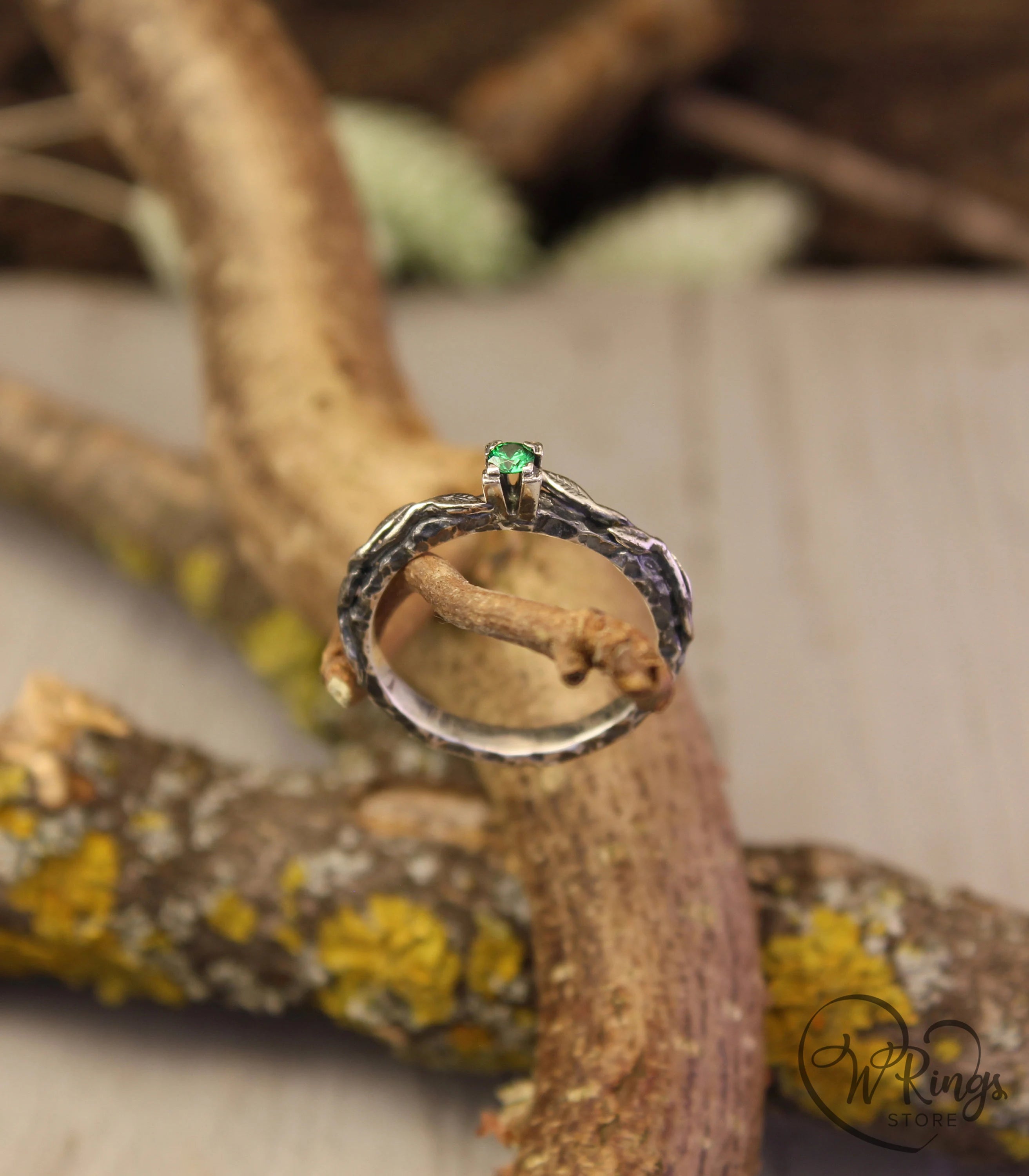 Wild Nature Hammered Silver Ring with Emerald and Leaves