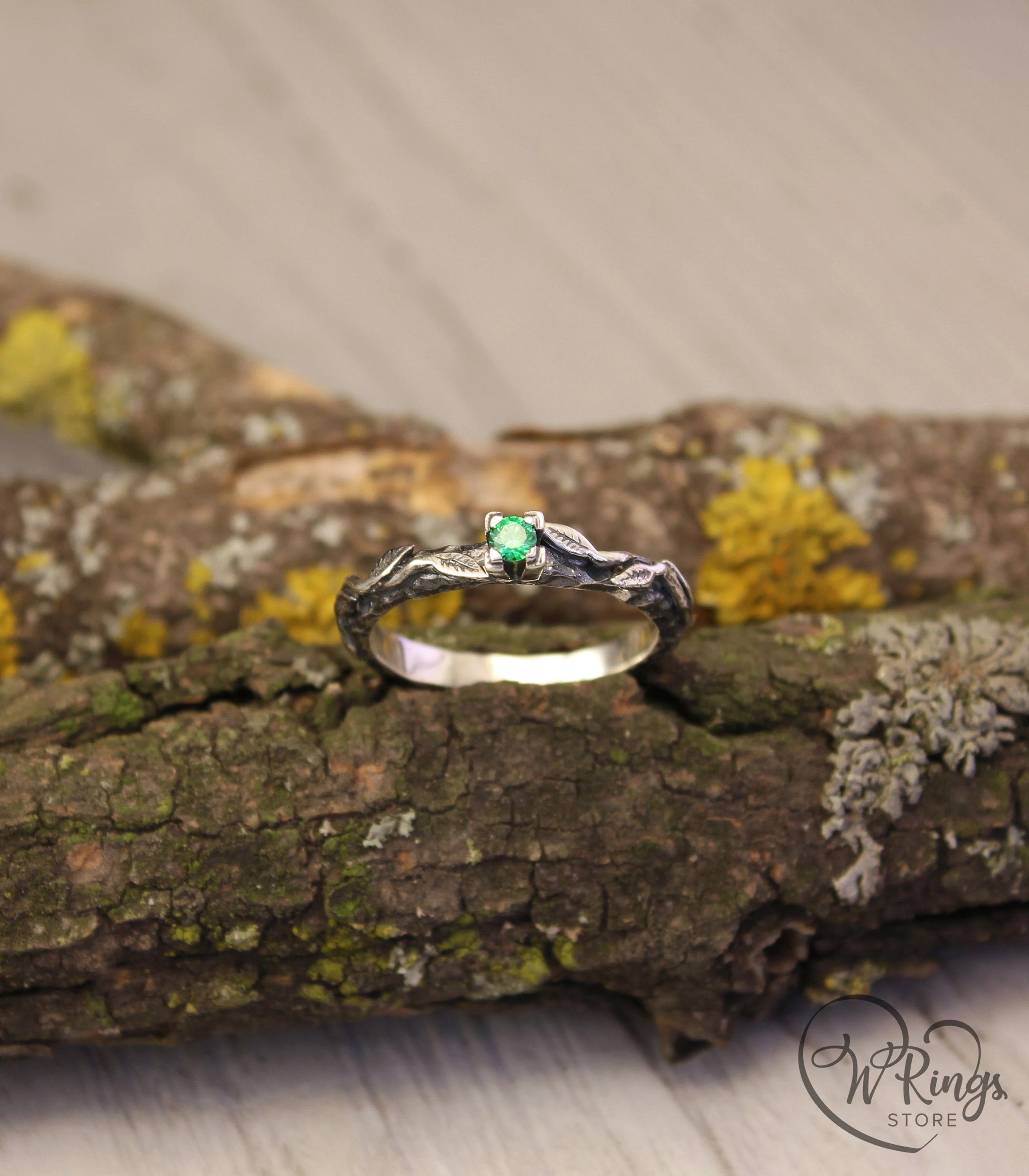 Wild Nature Hammered Silver Ring with Emerald and Leaves