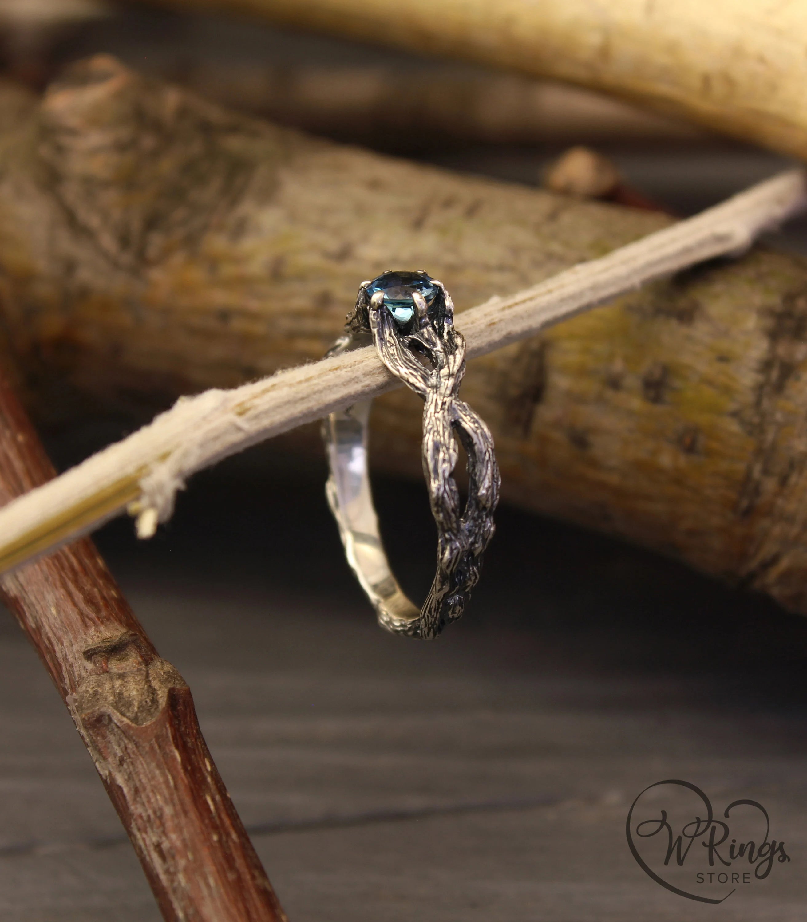 London blue Topaz Double twisted Branch Silver Ring