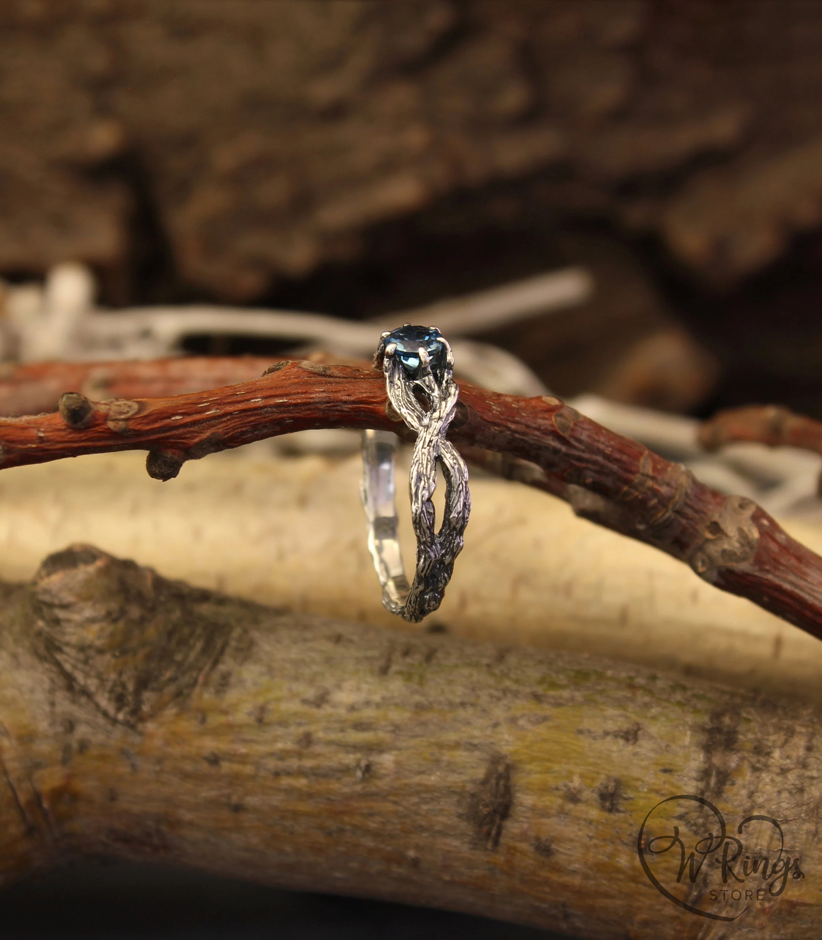 London blue Topaz Double twisted Branch Silver Ring