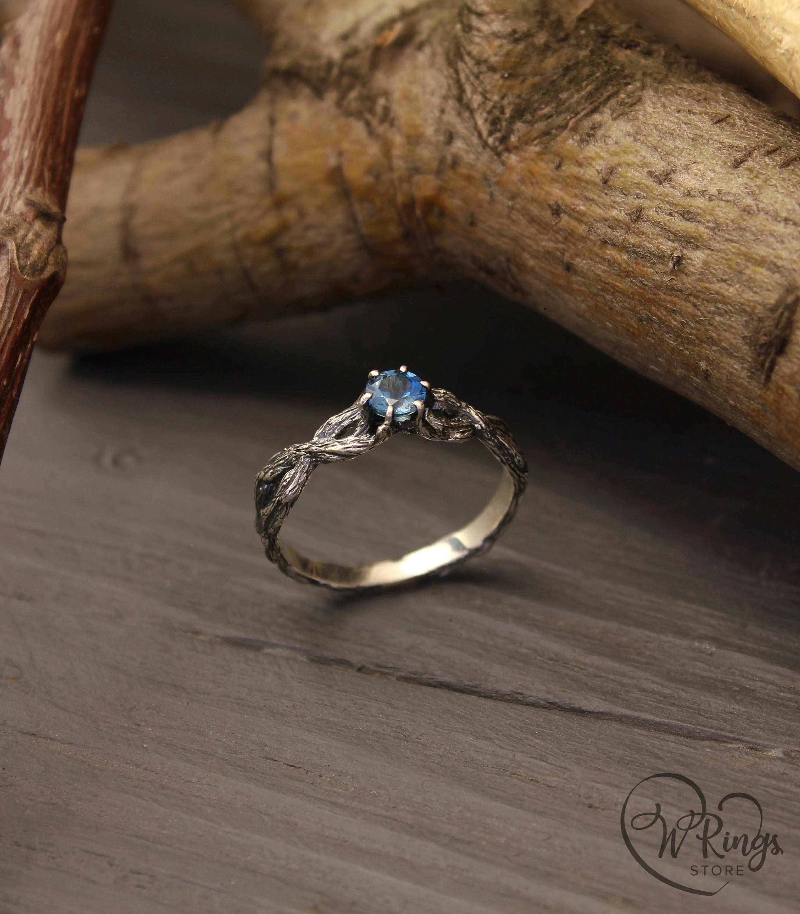 London blue Topaz Double twisted Branch Silver Ring