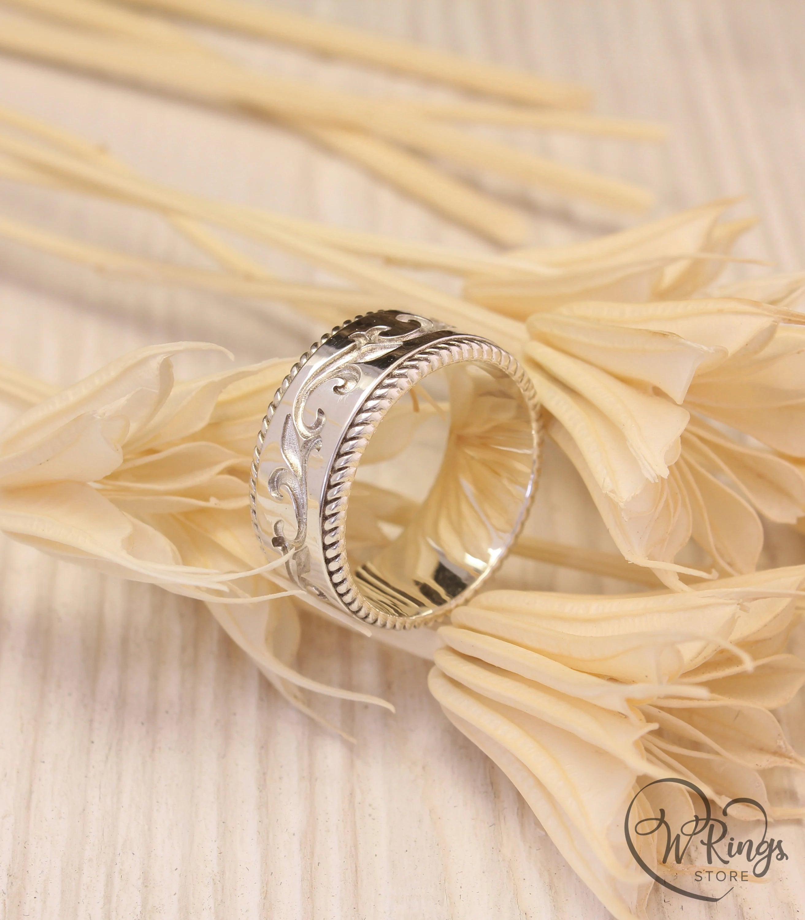 Wide Silver Filigree Wedding Band Vine in Antique style