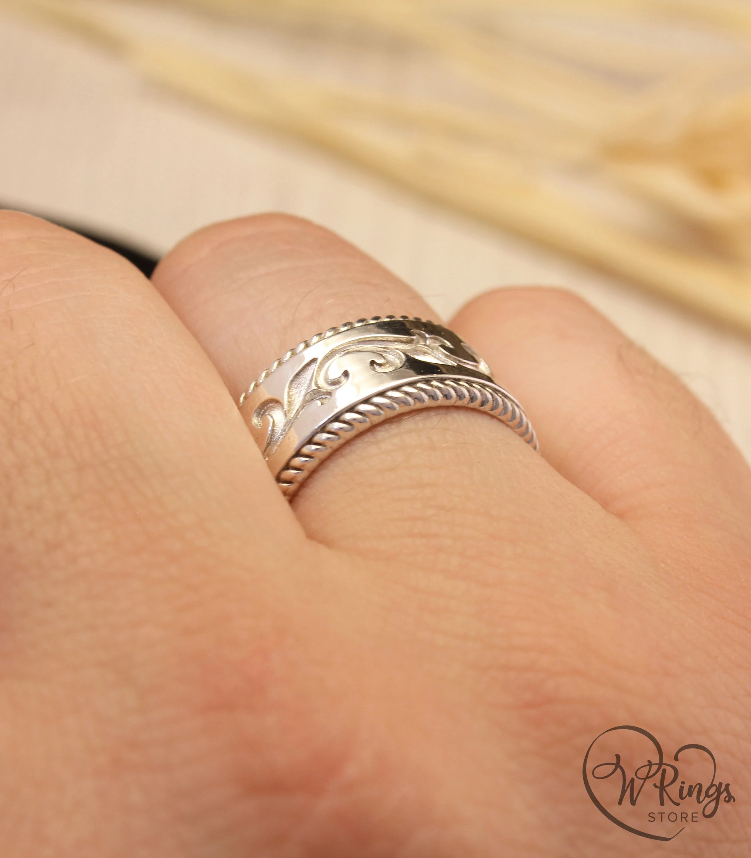 Wide Silver Filigree Wedding Band Vine in Antique style