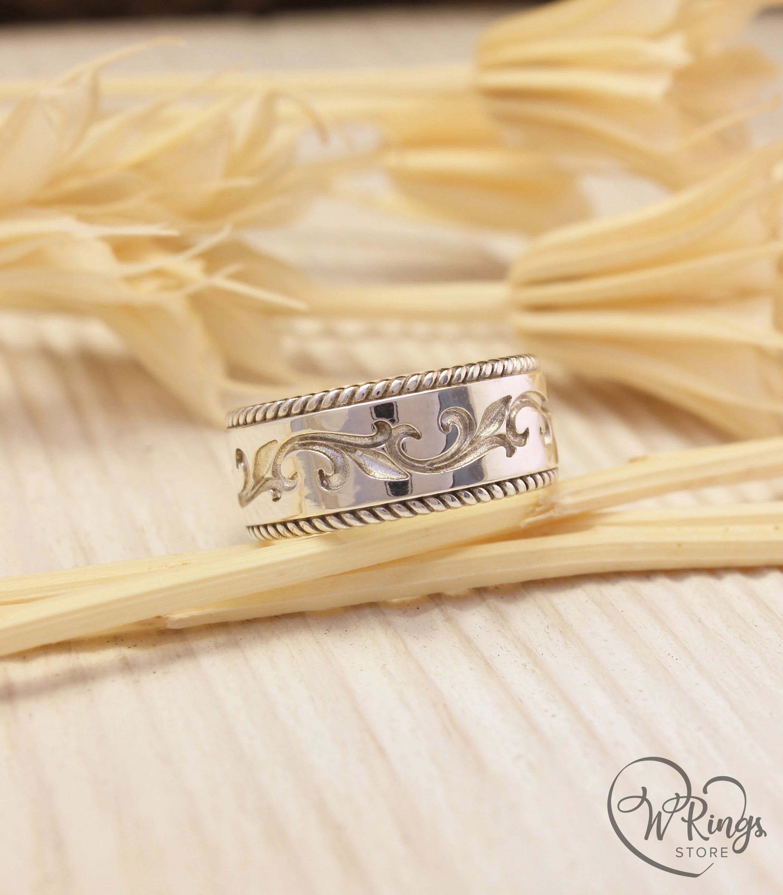 Wide Silver Filigree Wedding Band Vine in Antique style