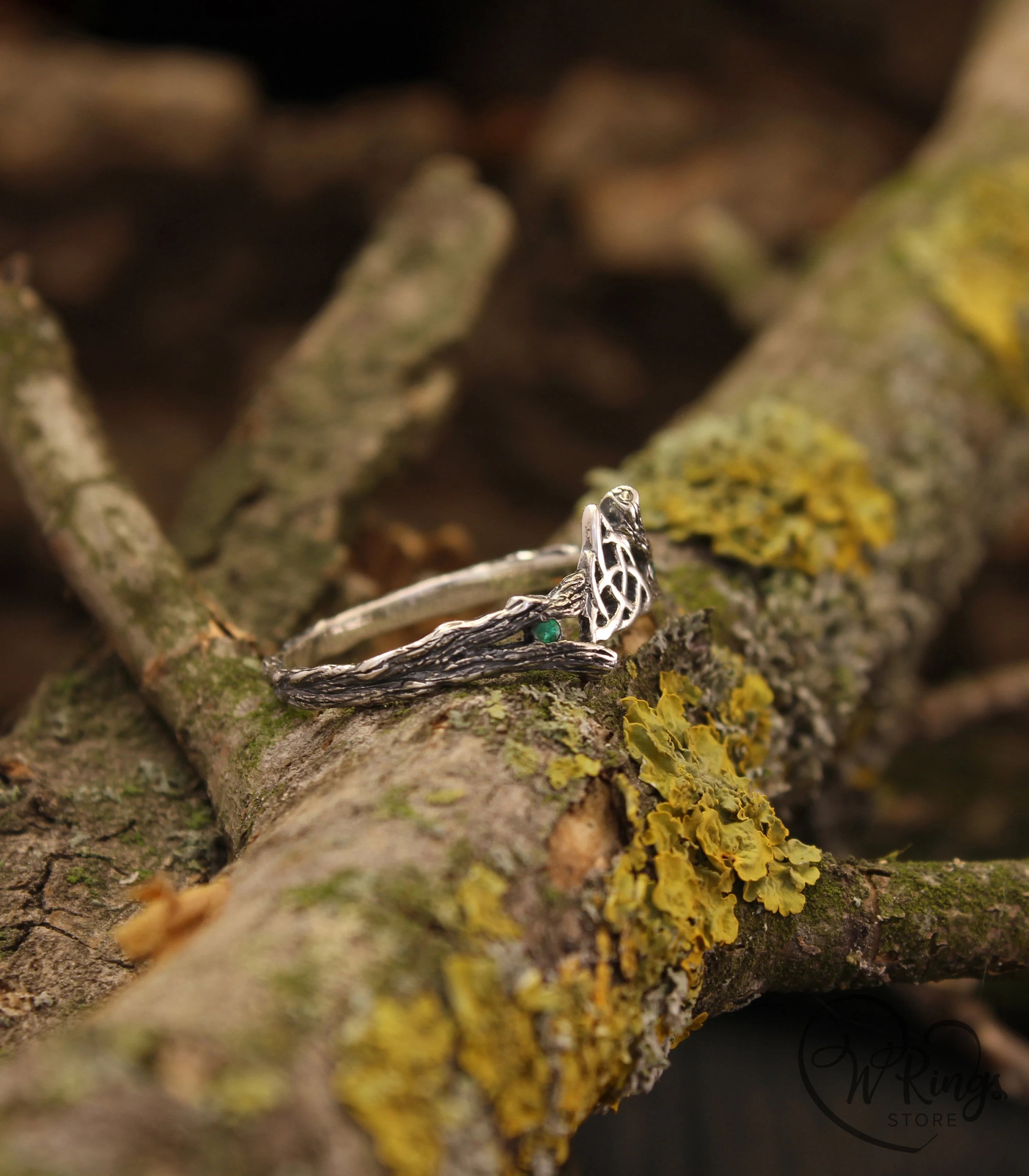 Celtic Triquetra & Emerald Silver Tiny Branch Ring