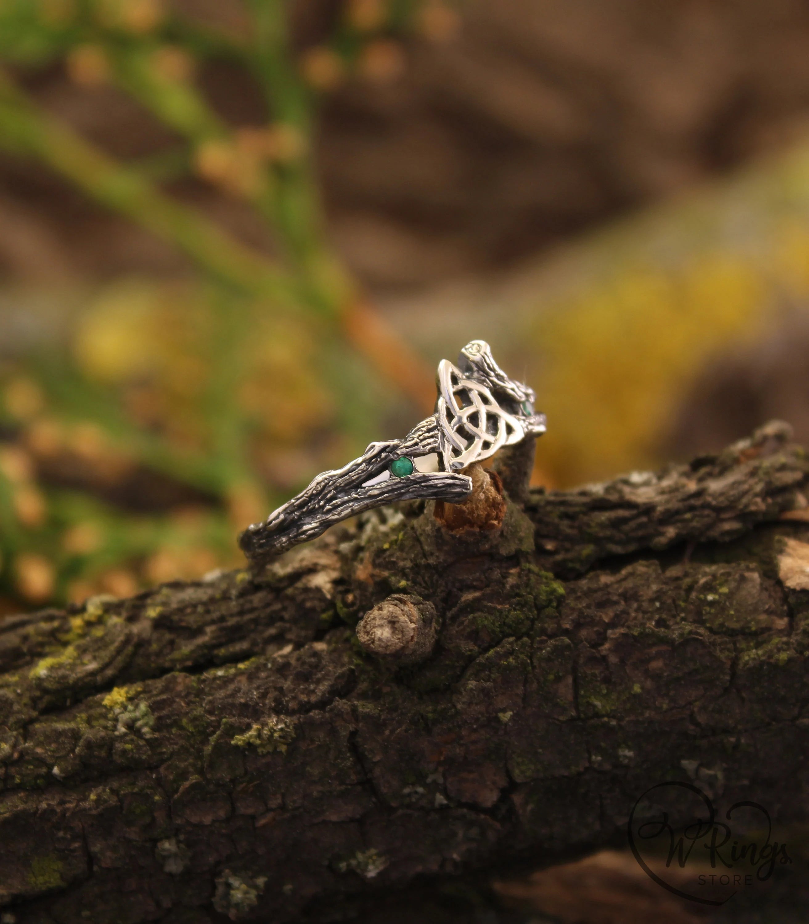 Celtic Triquetra & Emerald Silver Tiny Branch Ring