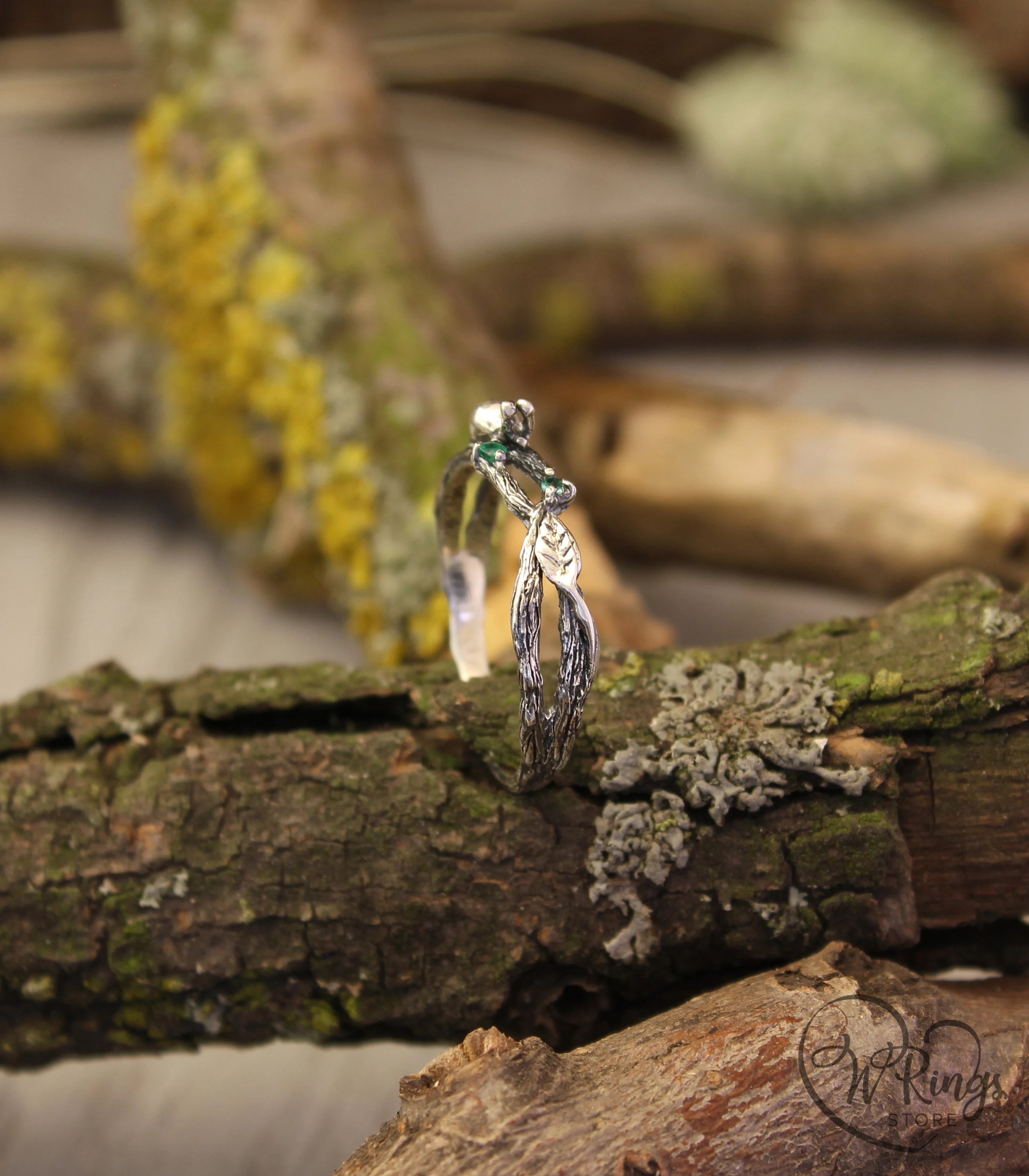 Snail and Leaf on a Branch Silver Ring & two natural Emeralds