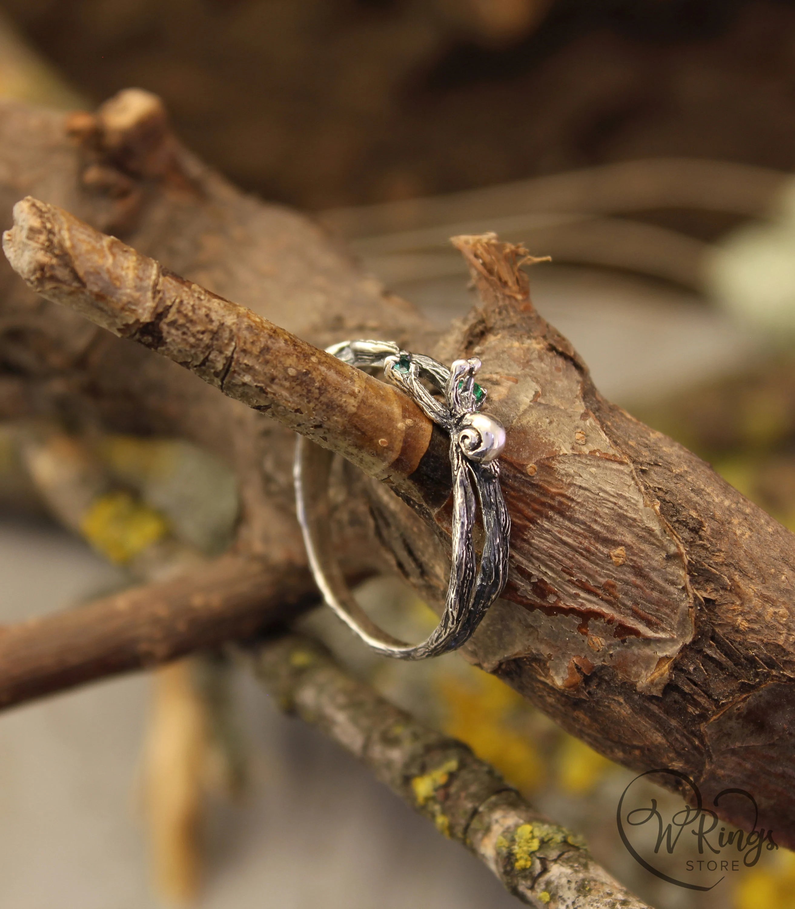 Snail and Leaf on a Branch Silver Ring & two natural Emeralds