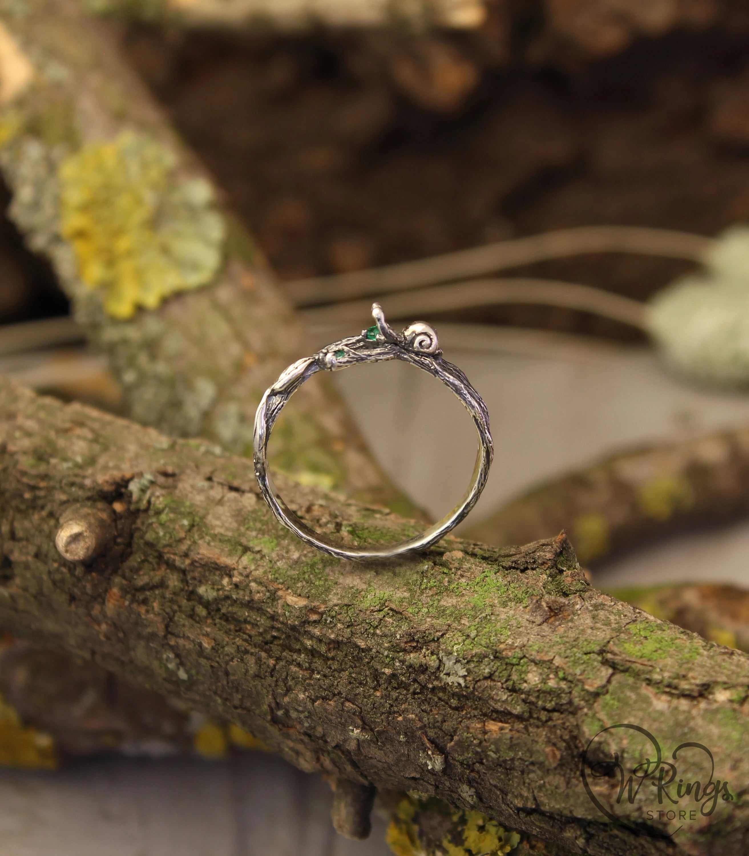 Snail and Leaf on a Branch Silver Ring & two natural Emeralds