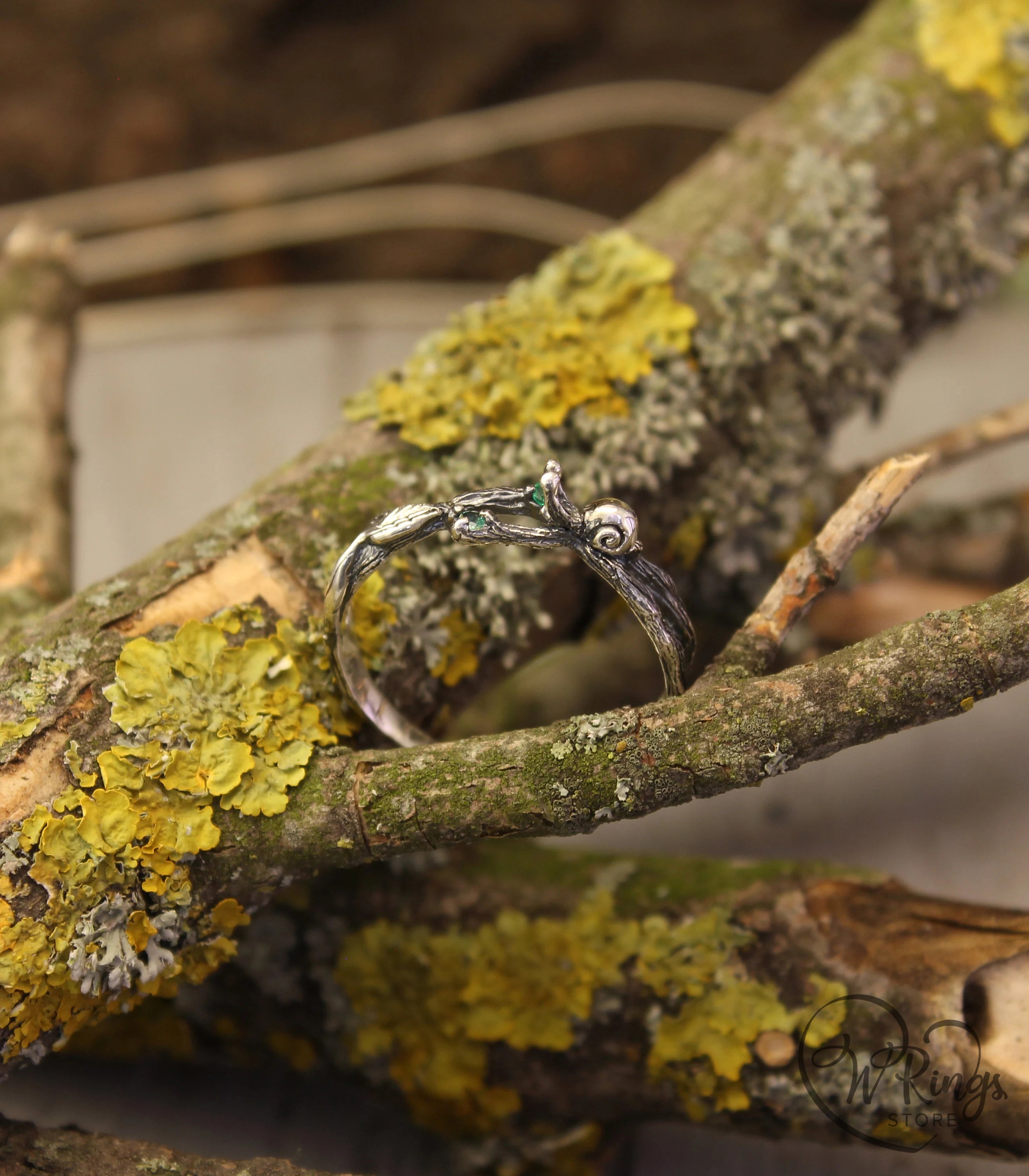 Snail and Leaf on a Branch Silver Ring & two natural Emeralds