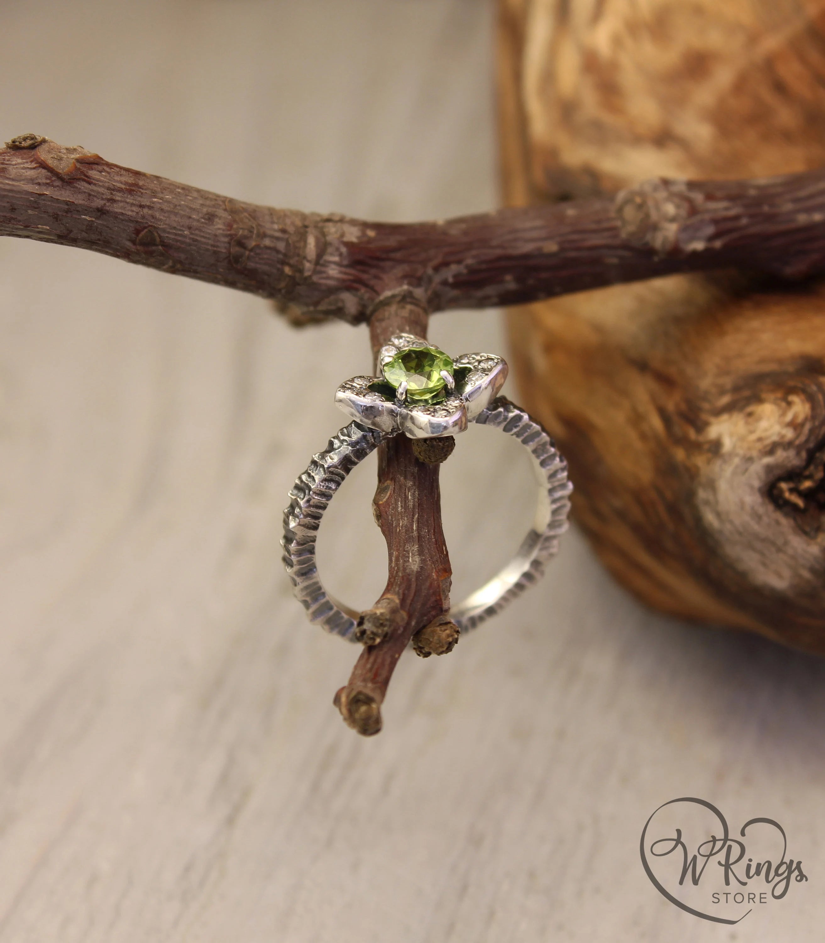 Peridot Flower Engagement Ring Quatrefoil Hammered Band