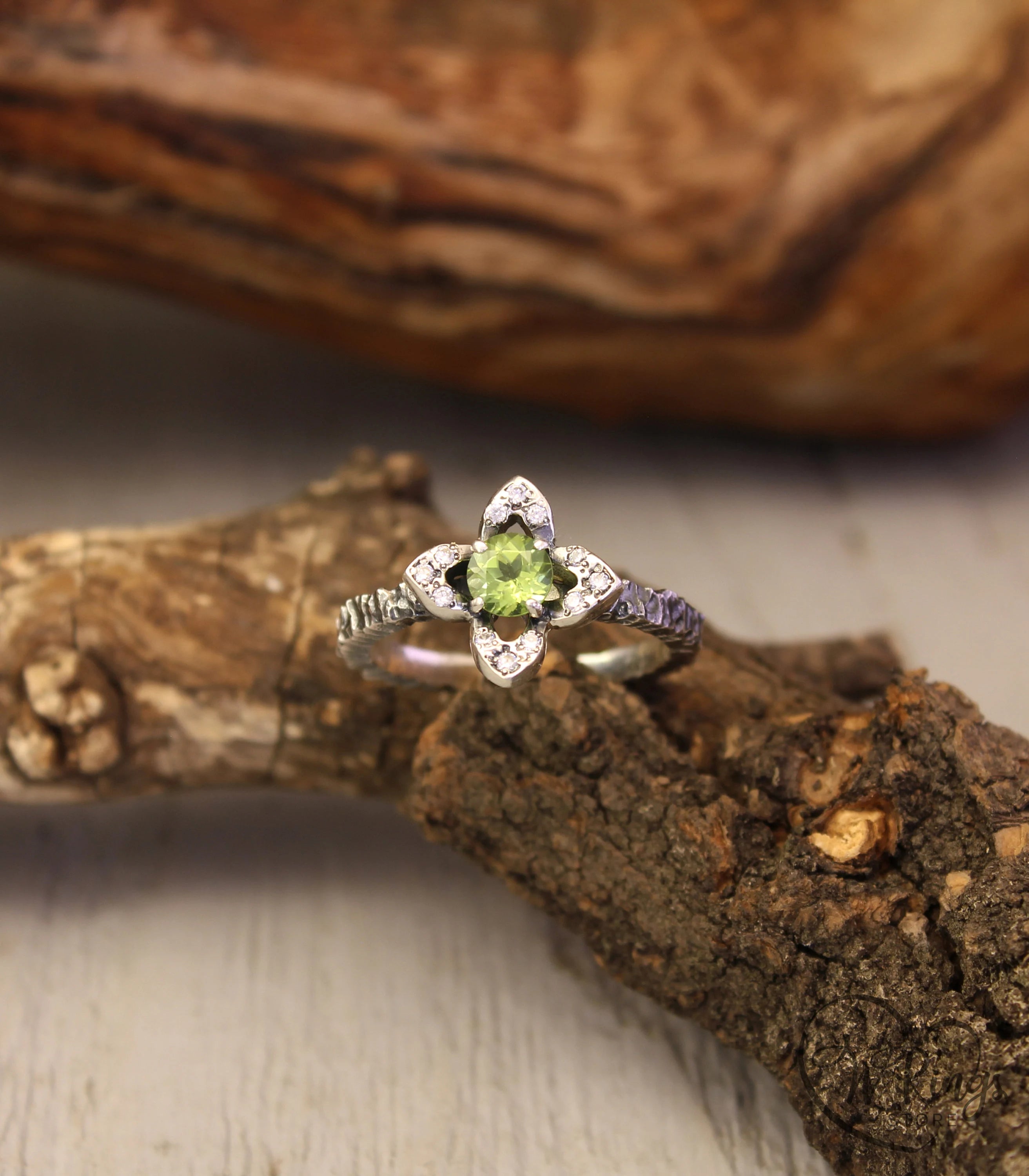 Peridot Flower Engagement Ring Quatrefoil Hammered Band