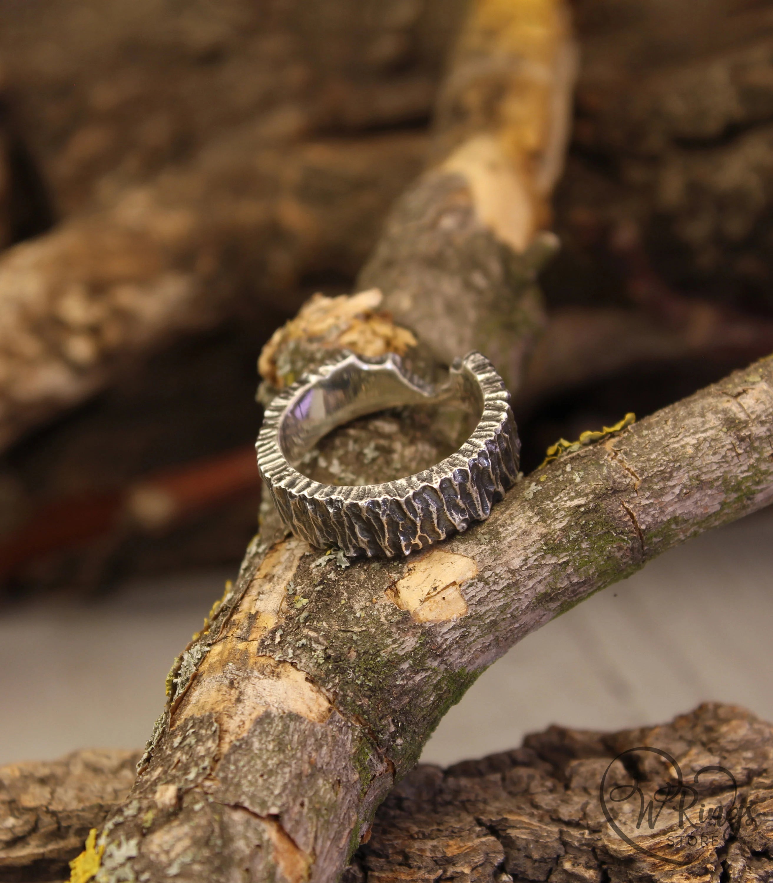 Unusual Fractured Sterling Silver Hammered Band Ring