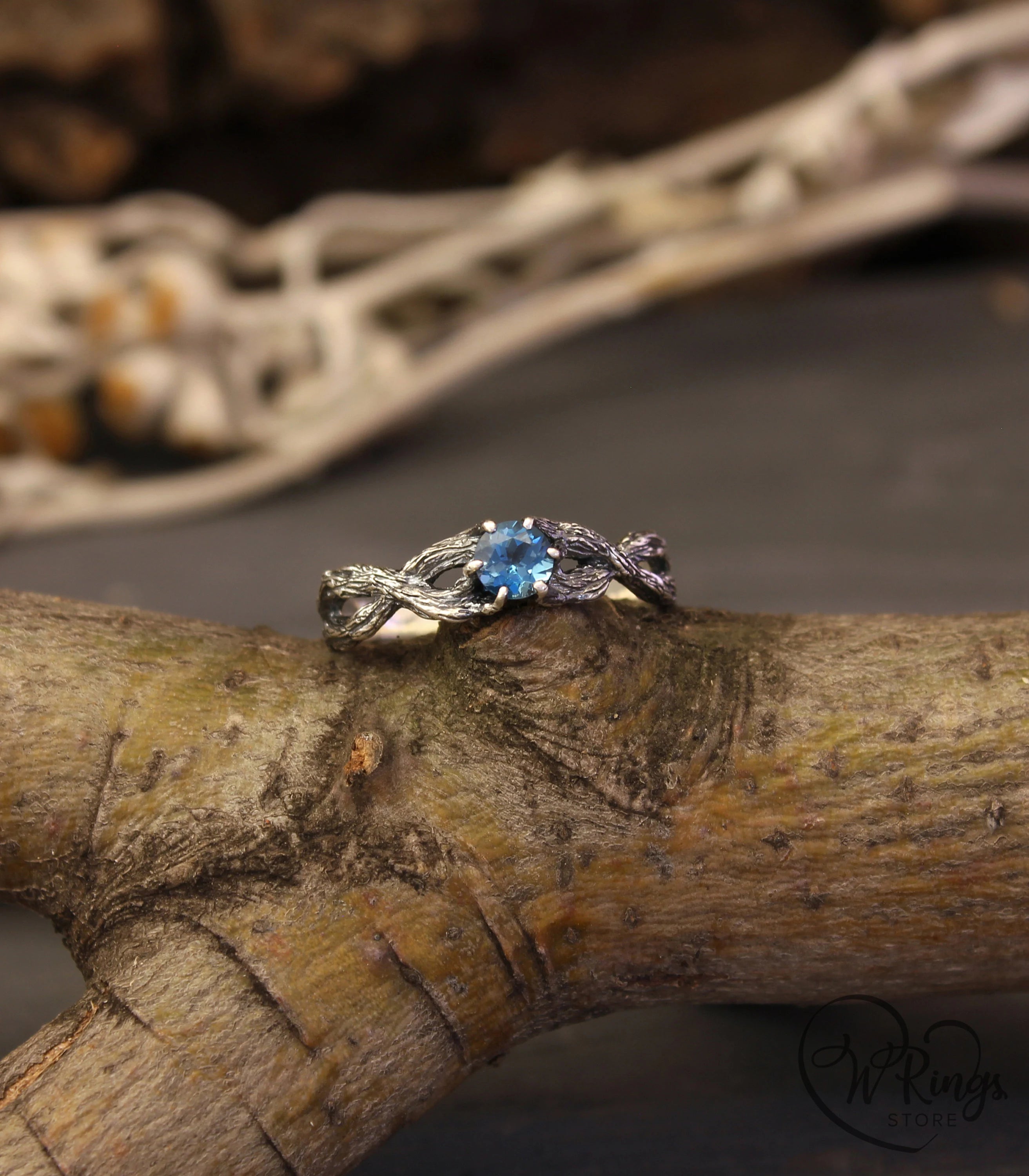 London blue Topaz Double twisted Branch Silver Ring