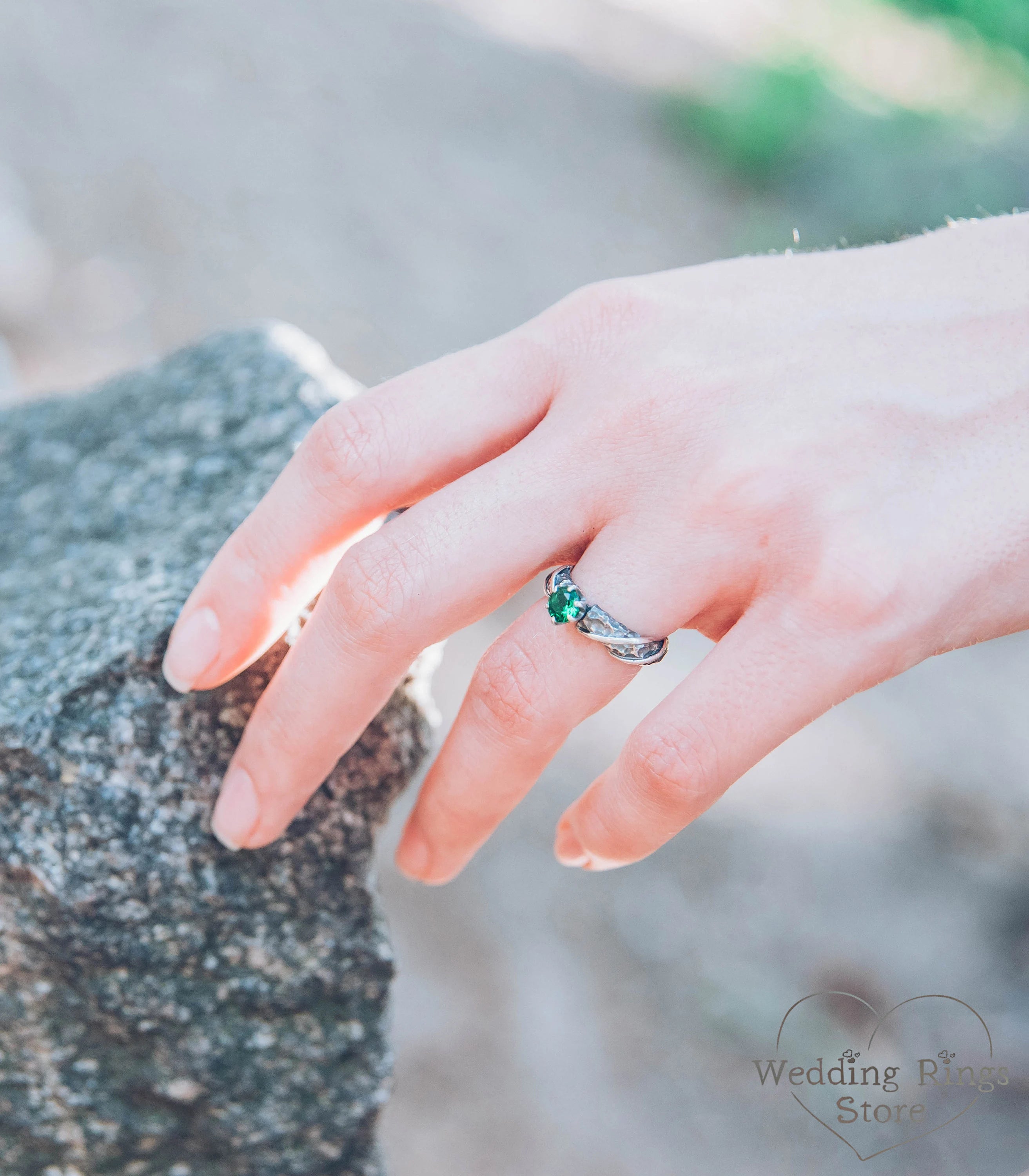 Unique Hammered Silver Emerald Engagement Ring