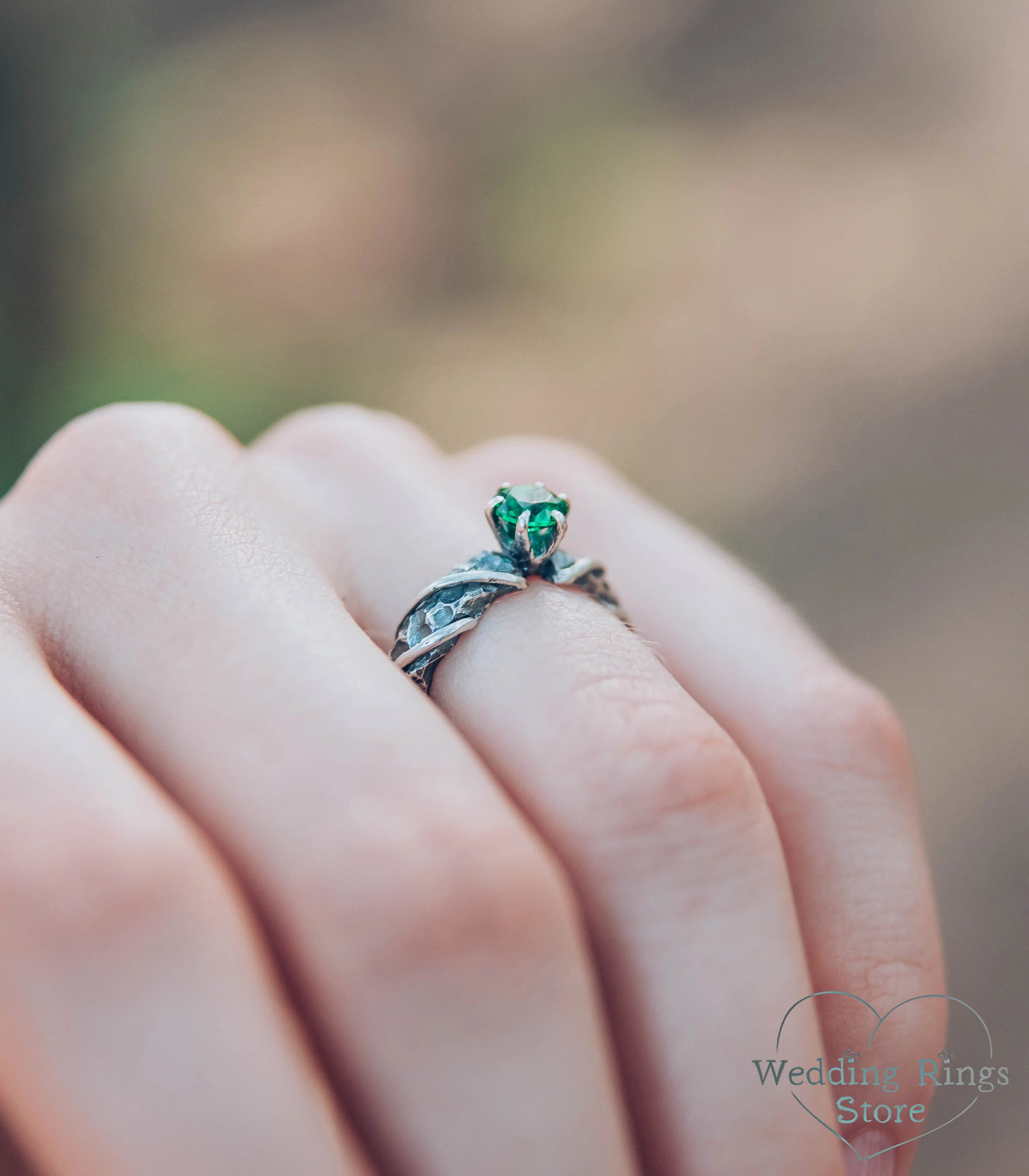 Unique Hammered Silver Emerald Engagement Ring