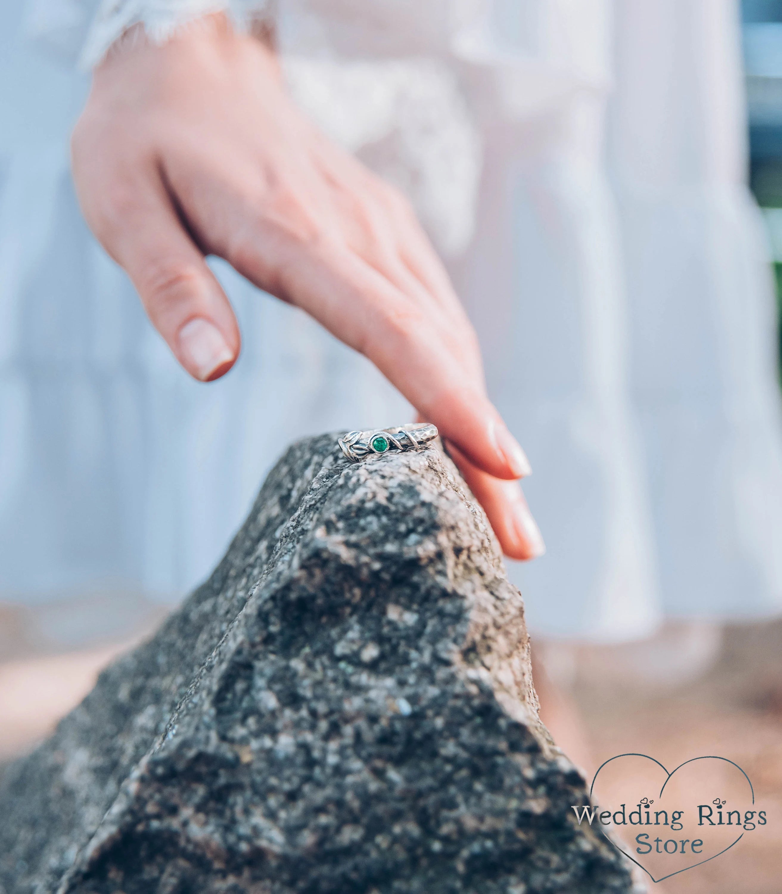 Natural Emerald with Leaf and Vine Silver Hammered Engagement Ring