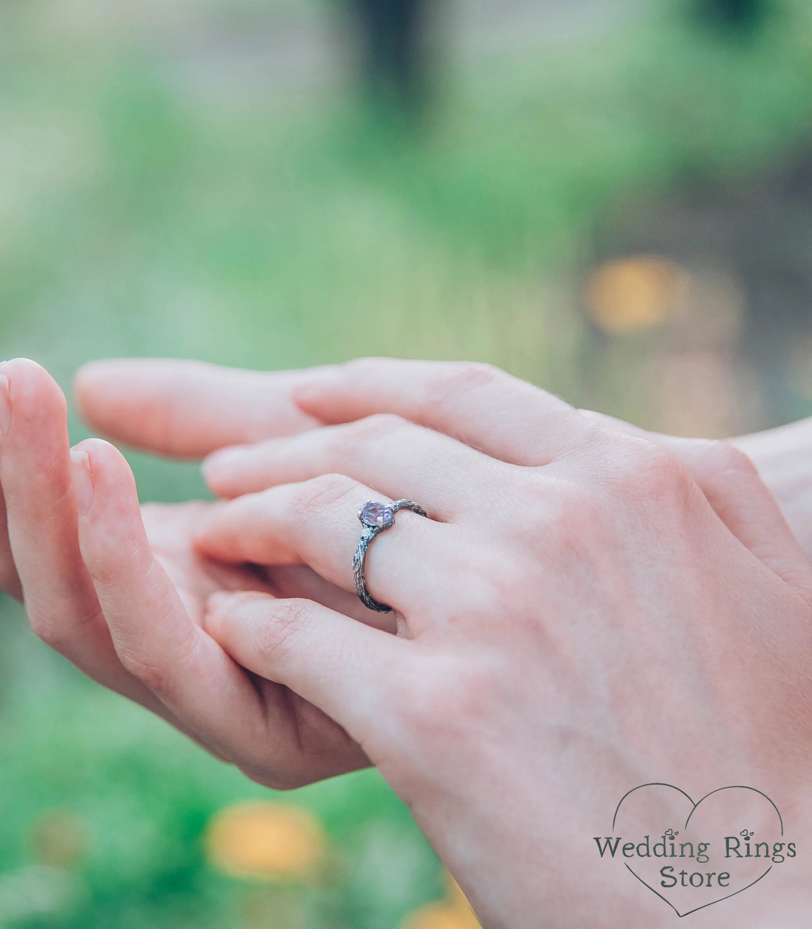 Tiny Silver Engagement Ring with Amethyst & Side Stones