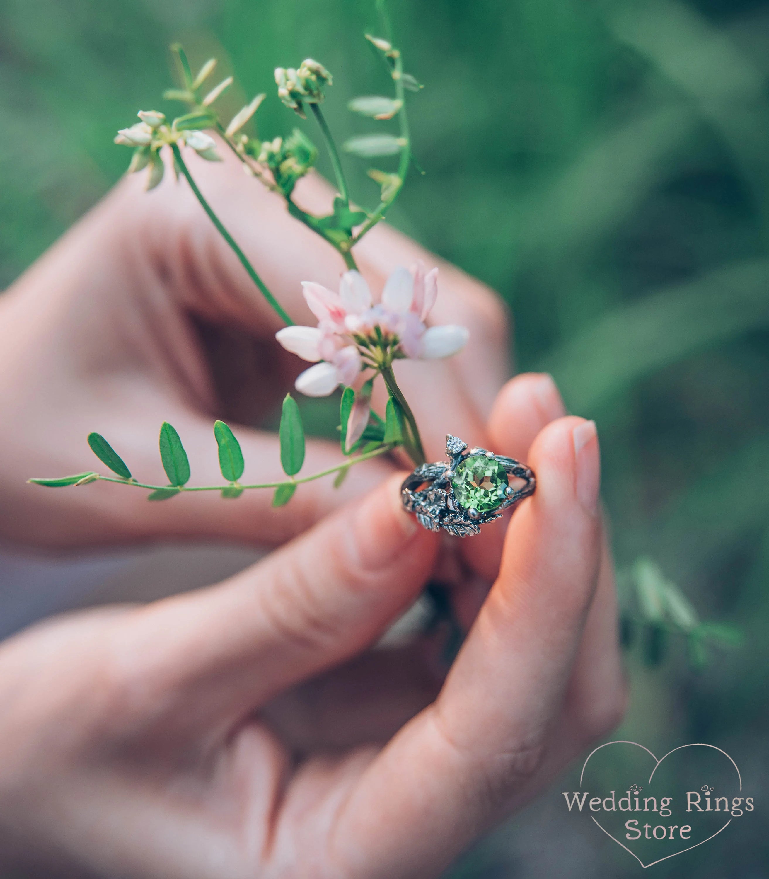 Twig Engagement Ring with Oak Leaves made in Sterling Silver