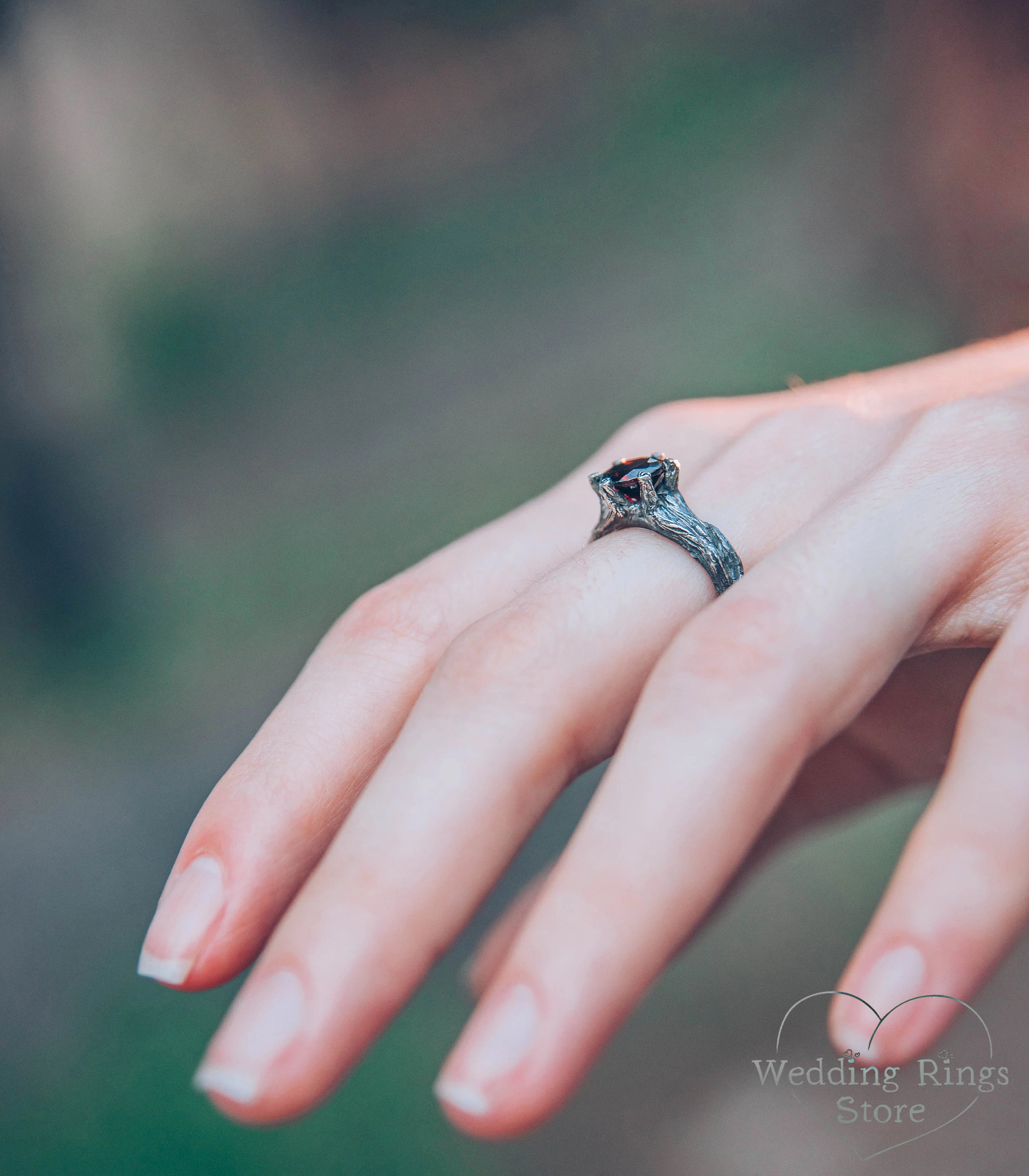 Garnet in Unique Tree textured Branch Engagement Ring