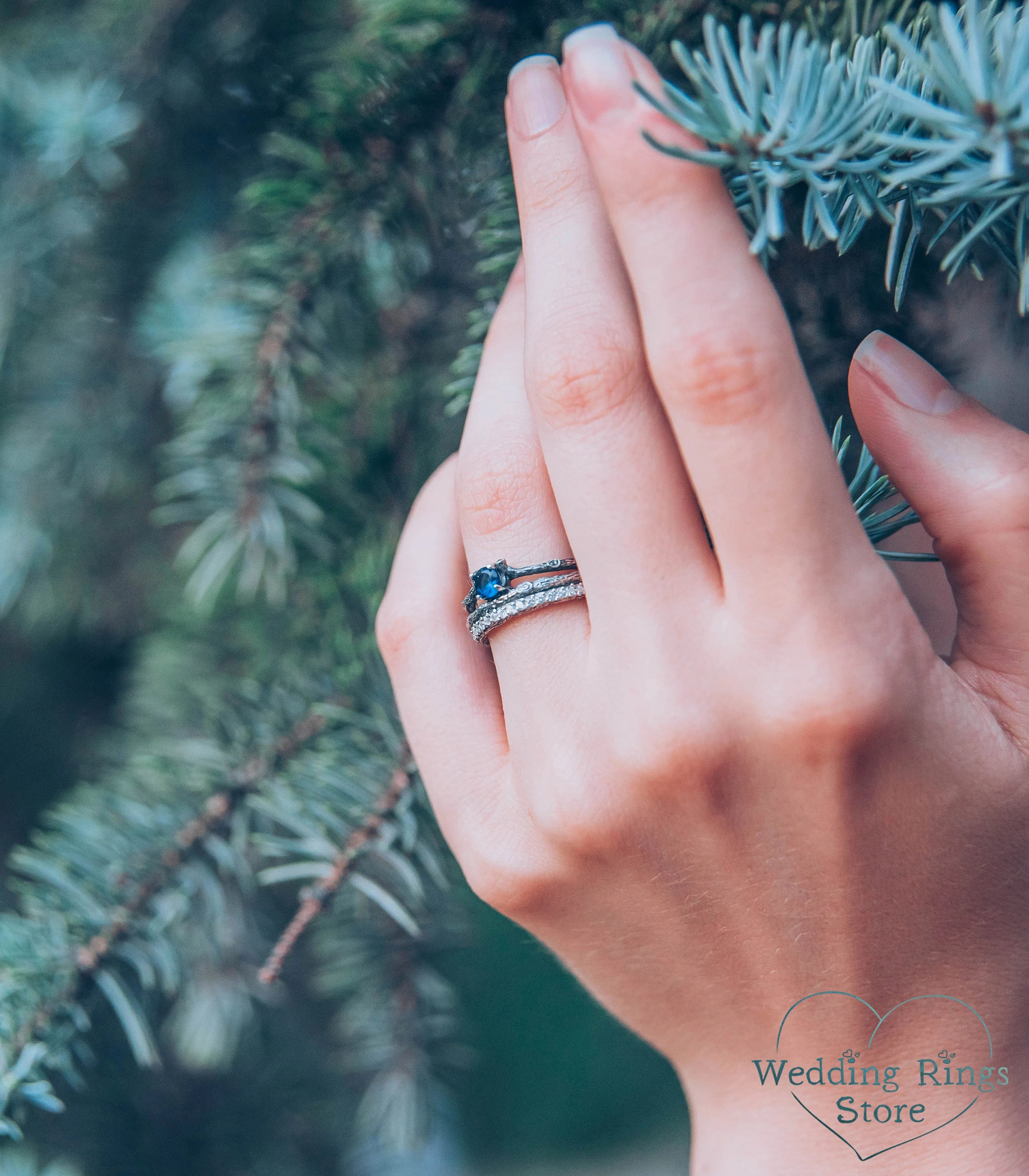 Split shank Silver Sapphire Engagement Ring with Side Stones on Twig